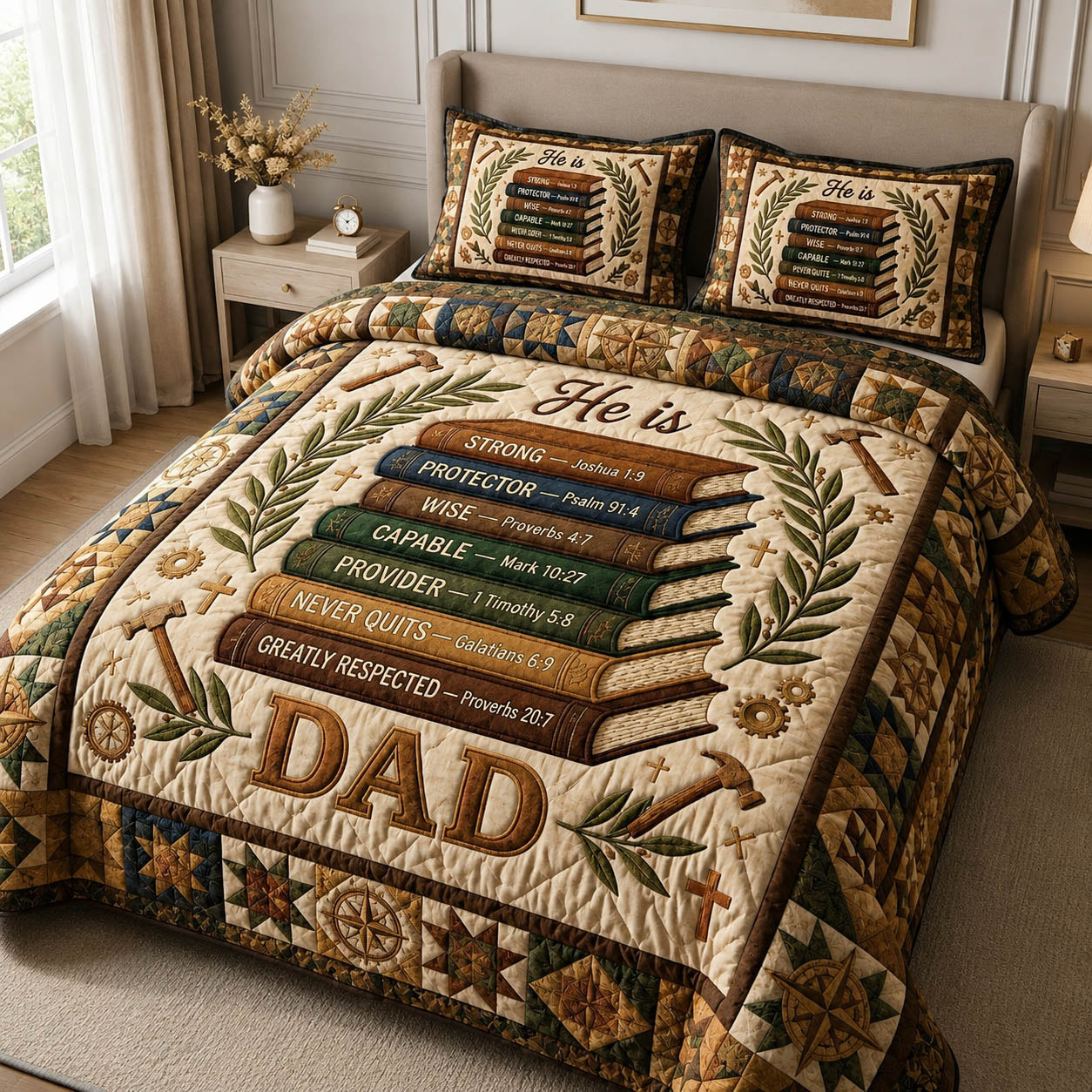 He is Strong Dad 3-Piece Quilted Bedding Set GFTOLAN614