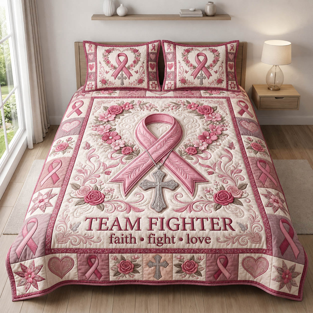 Team Fighter Breast Cancer 3-Piece Quilted Bedding Set GFTOLAN683