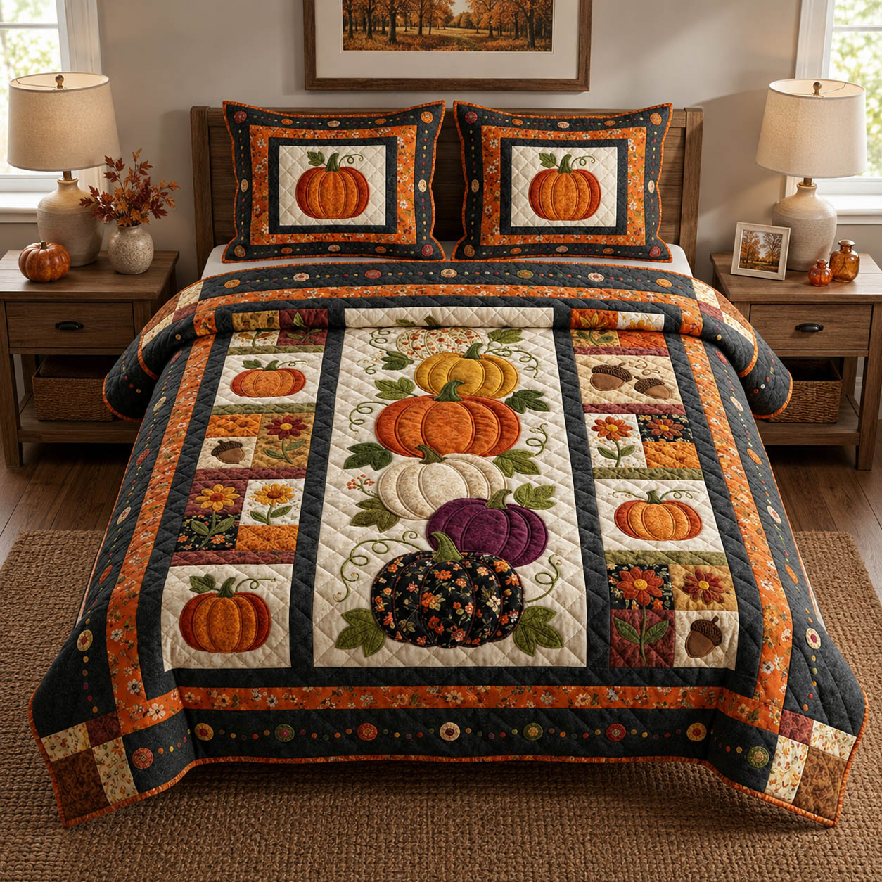 Autumn Pumpkin Patchwork 3-Piece Quilted Bedding Set GFTOLAN748