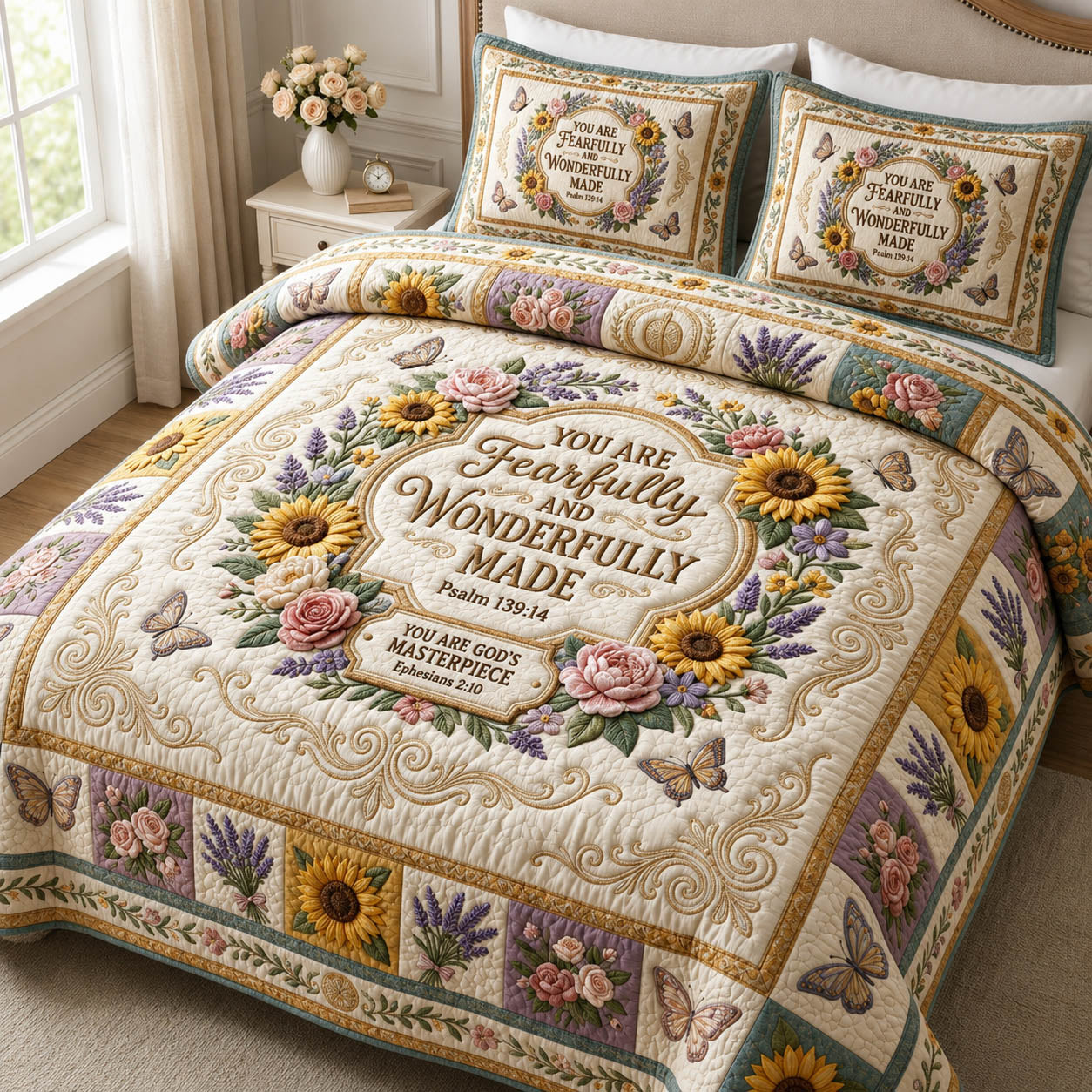 Floral Bible Verse 3-Piece Quilted Bedding Set GFTOLAN782