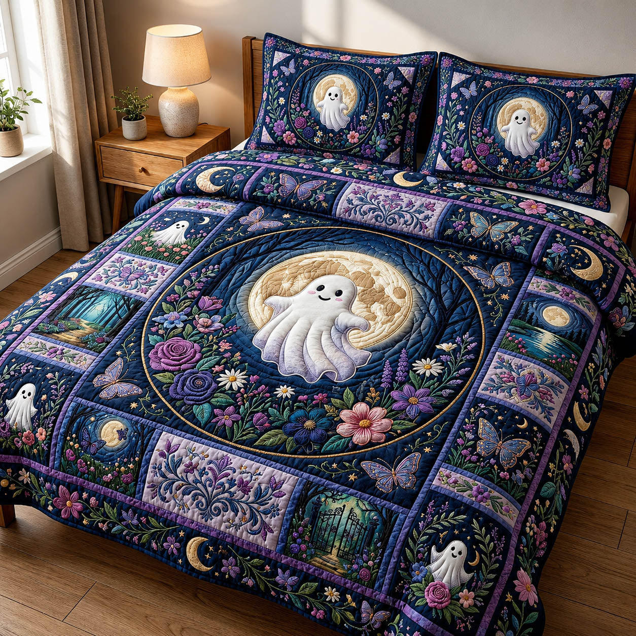 Whimsical Ghost Moon 3-Piece Quilted Bedding Set GFTOLAN829