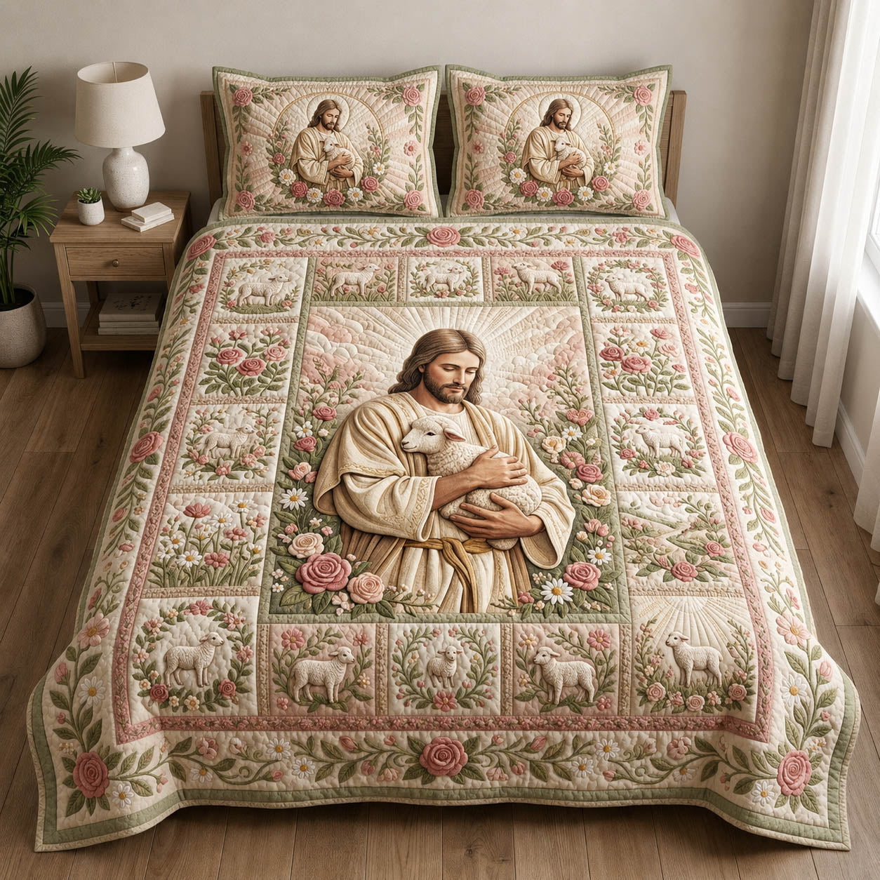 Jesus Holding Lamb 3-Piece Quilted Bedding Set GFTOLAN844