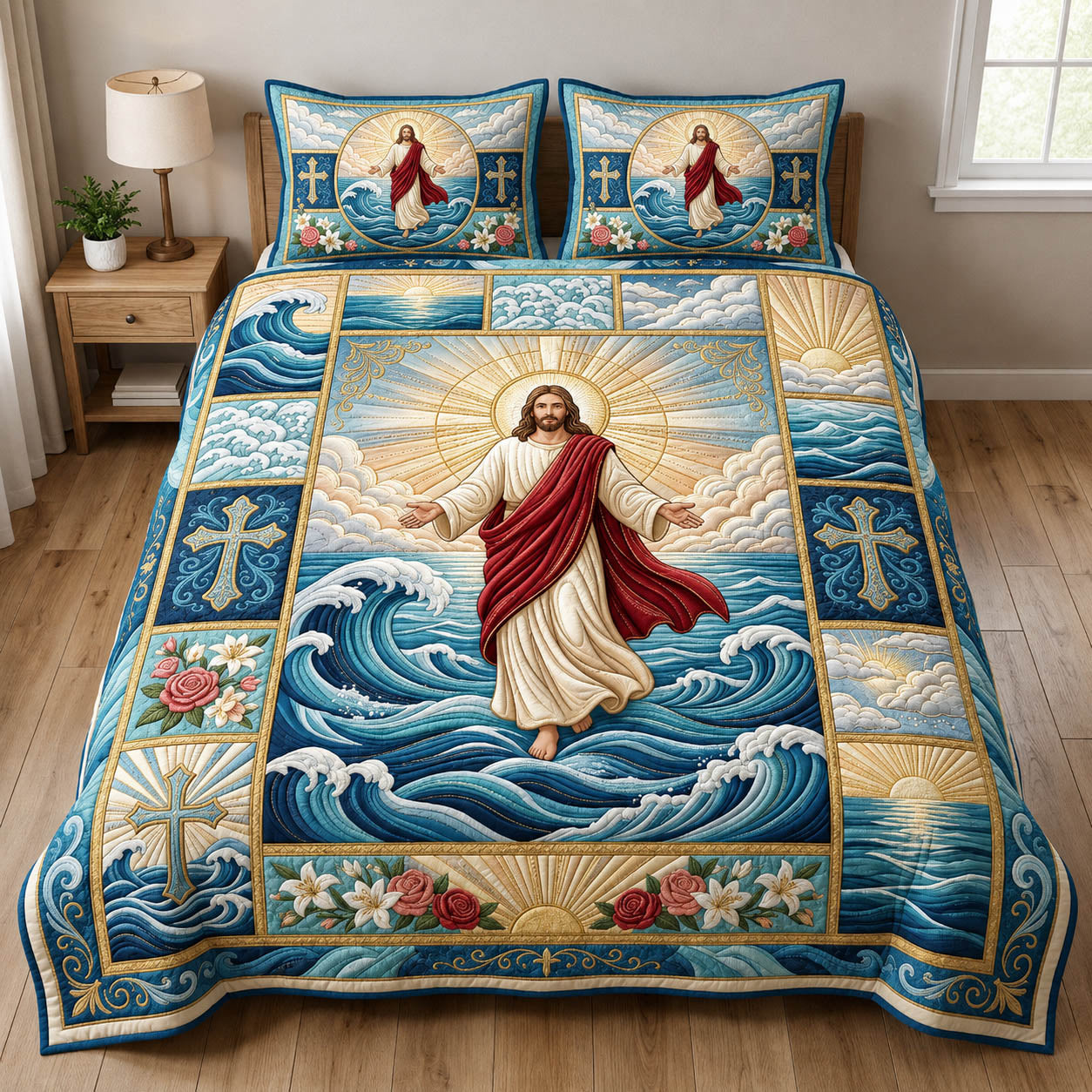 Jesus Walking On Water 3-Piece Quilted Bedding Set GFTOLAN846