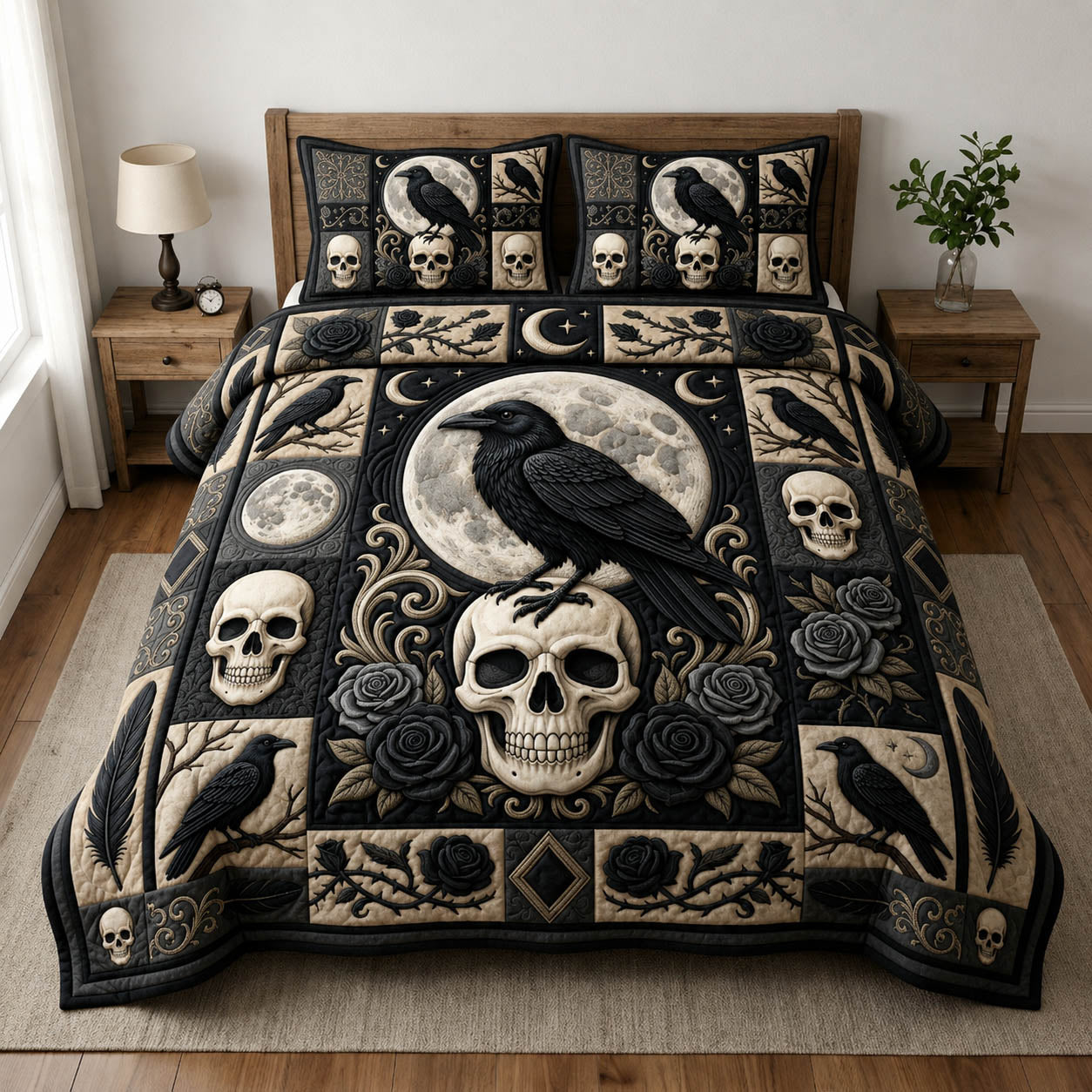 Gothic Raven Skull 3-Piece Quilted Bedding Set GFTOLAN935
