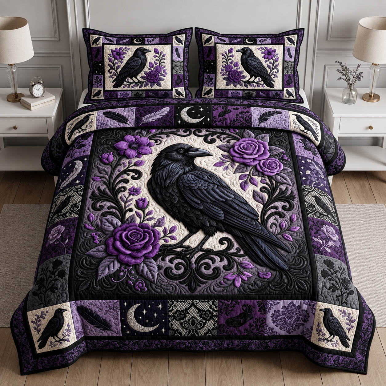 Gothic Raven 3-Piece Quilted Bedding Set GFTOLAN936