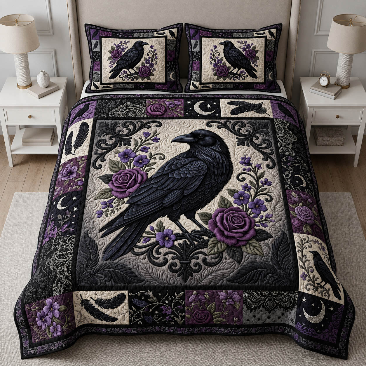 Gothic Raven 3-Piece Quilted Bedding Set GFTOLAN937