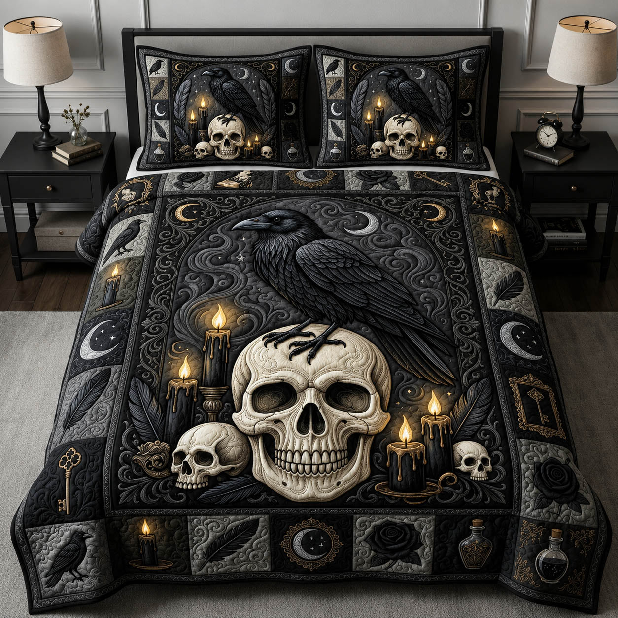 Gothic Raven Skull 3-Piece Quilted Bedding Set GFTOLAN938