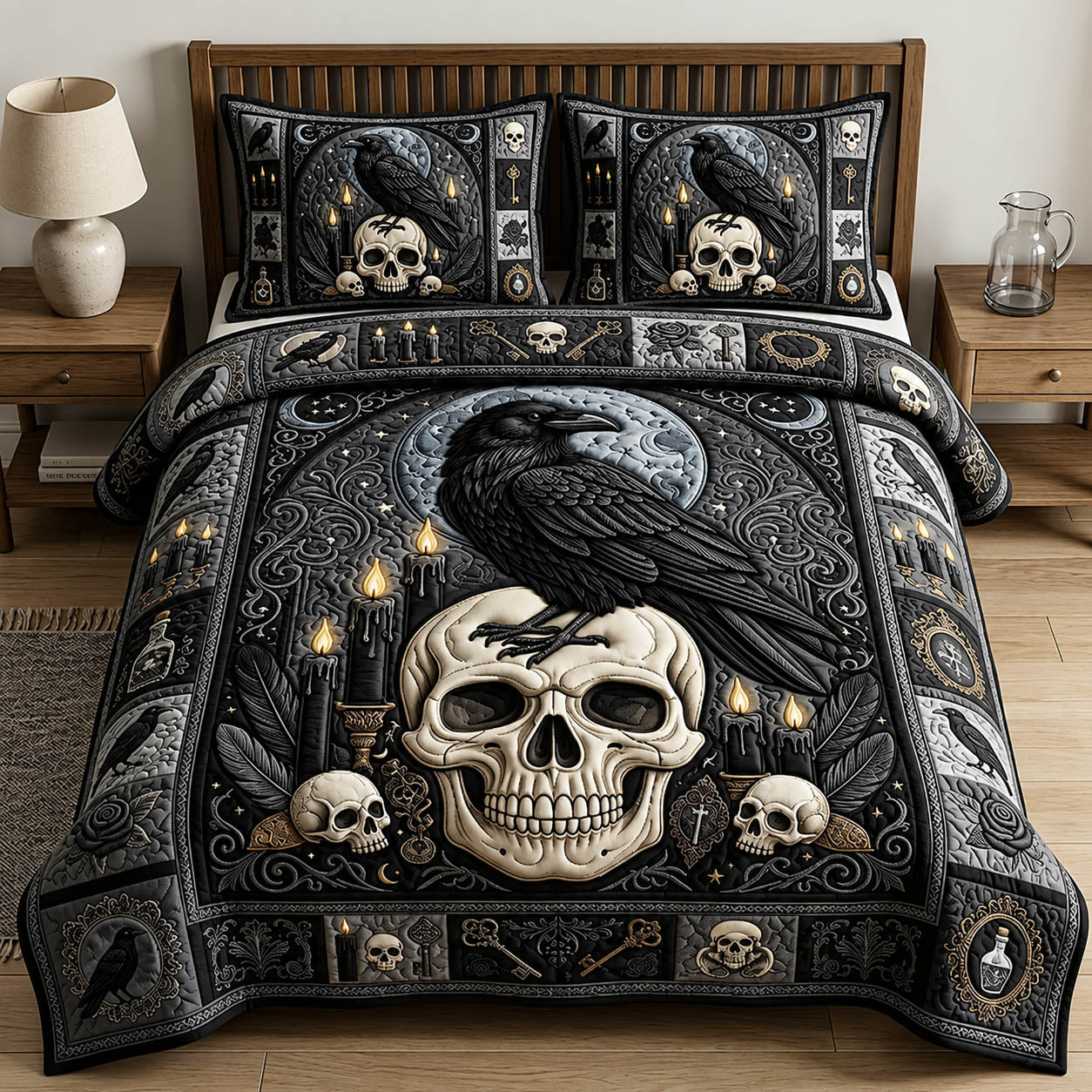 Gothic Raven Skull 3-Piece Quilted Bedding Set GFTOLAN939