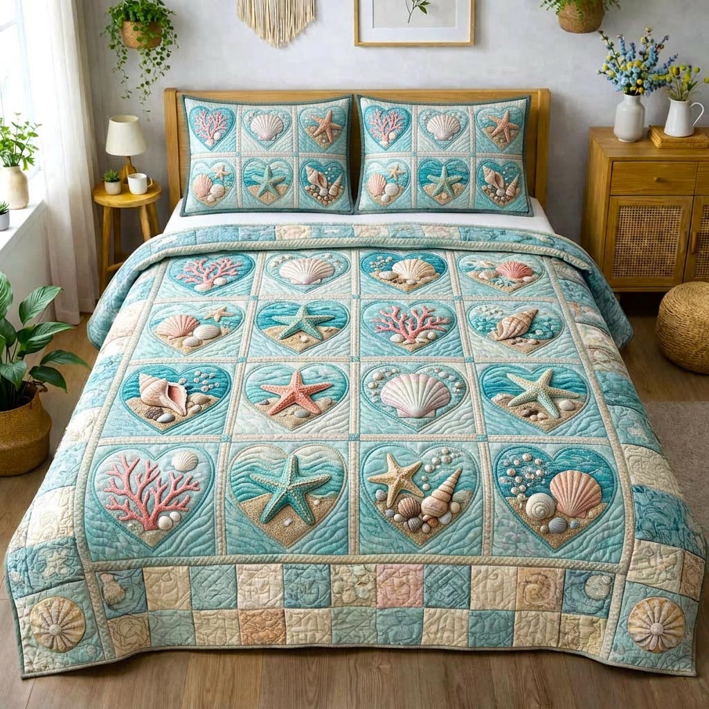 Seaside Shells 3-Piece Quilted Bedding Set GFTOMA10334
