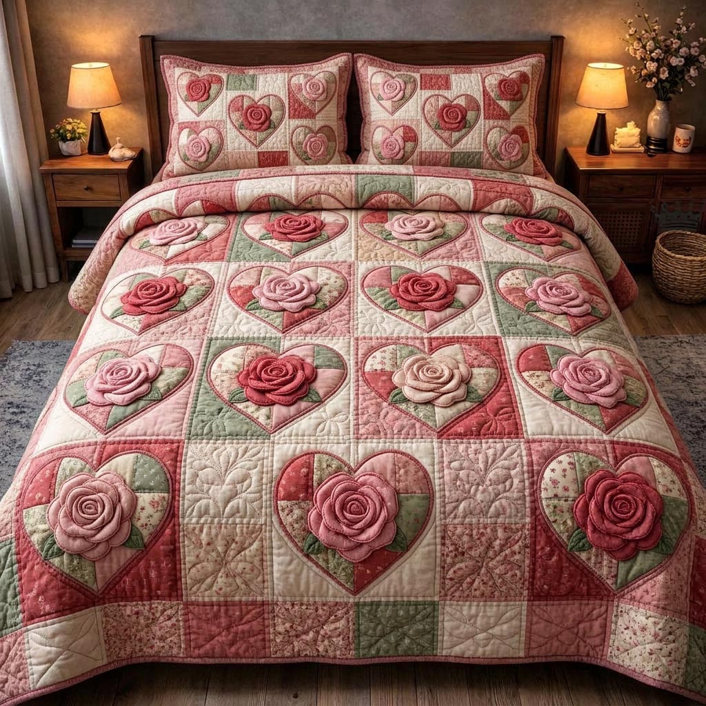 Rose Bloom 3-Piece Quilted Bedding Set GFTOMA10415