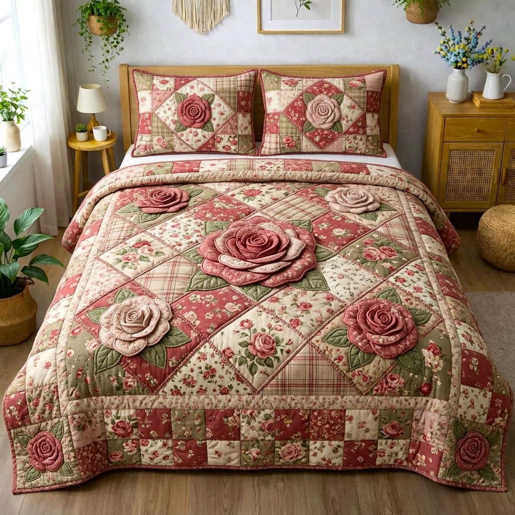 Rose Bloom 3-Piece Quilted Bedding Set GFTOMA10417