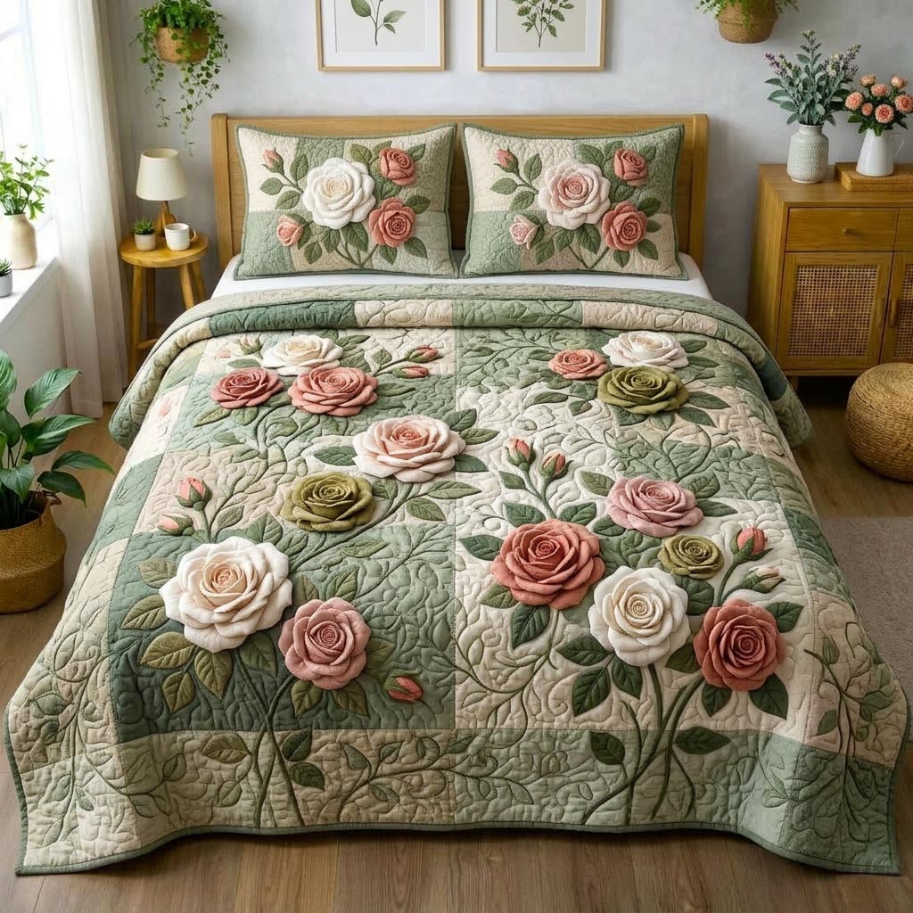 Rose Bloom 3-Piece Quilted Bedding Set GFTOMA10418