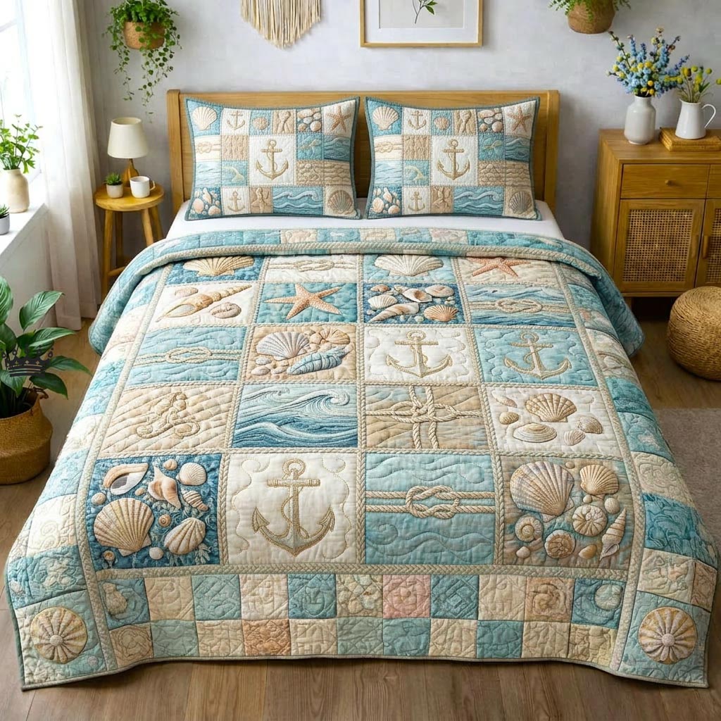 Ocean Shells 3-Piece Quilted Bedding Set GFTOMA10457