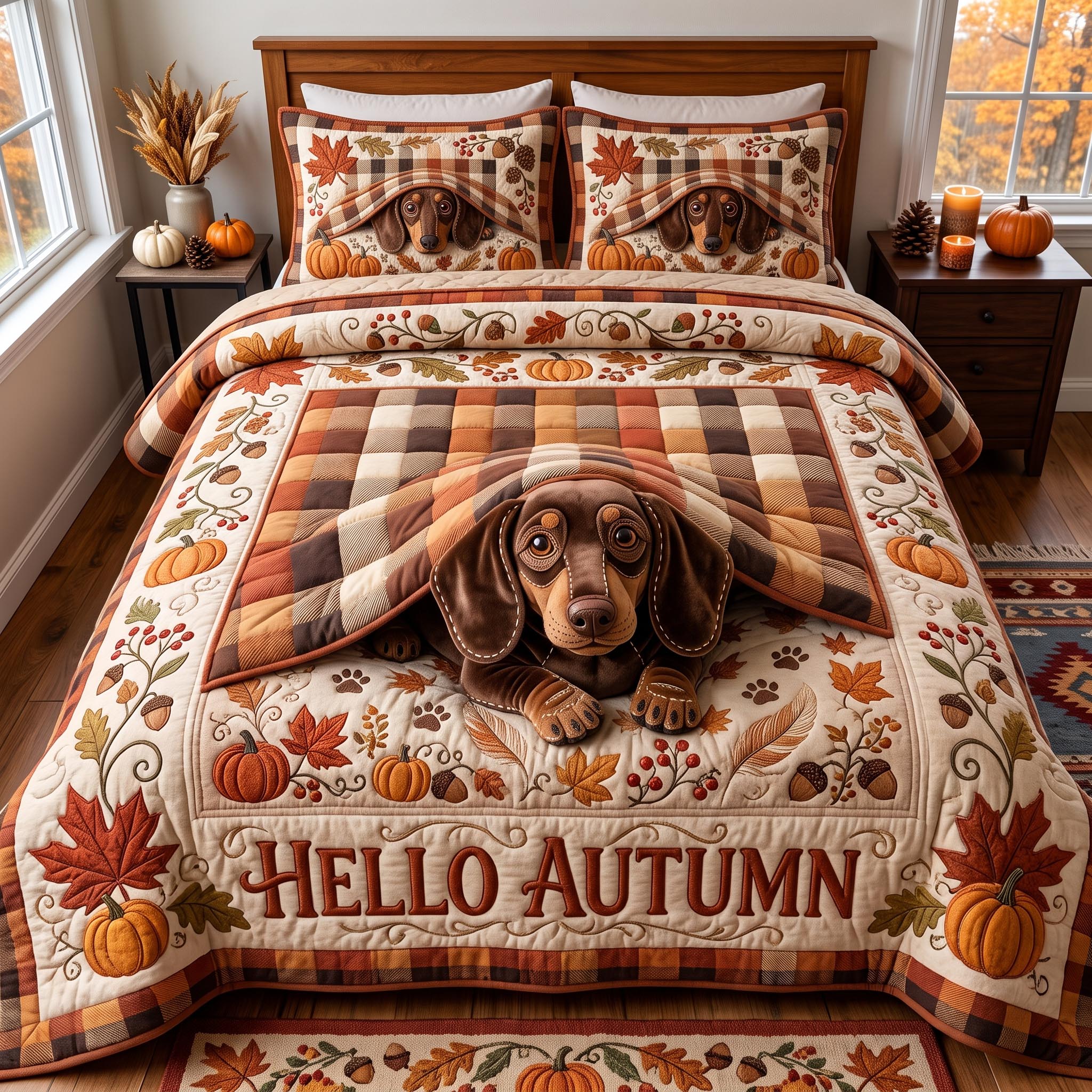 Pumpkin Dachshund 3-Piece Quilted Bedding Set GFTOMA12722