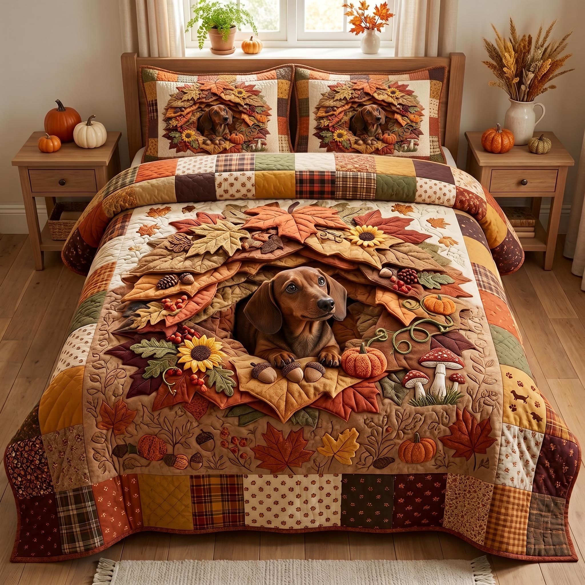 Fall Dachshund 3-Piece Quilted Bedding Set GFTOMA12723