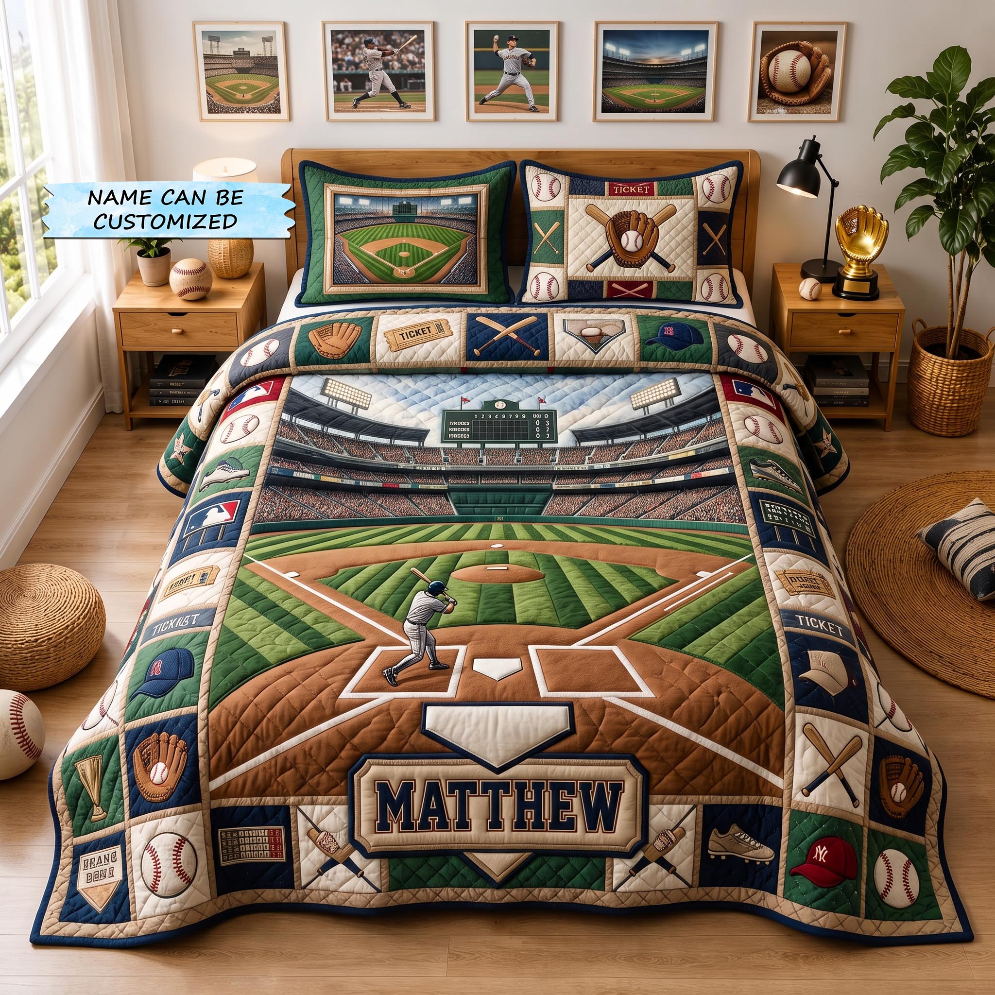 Personalized Baseball Grand Slam 3-Piece Quilted Bedding Set QTCUZ GFTOMA12952