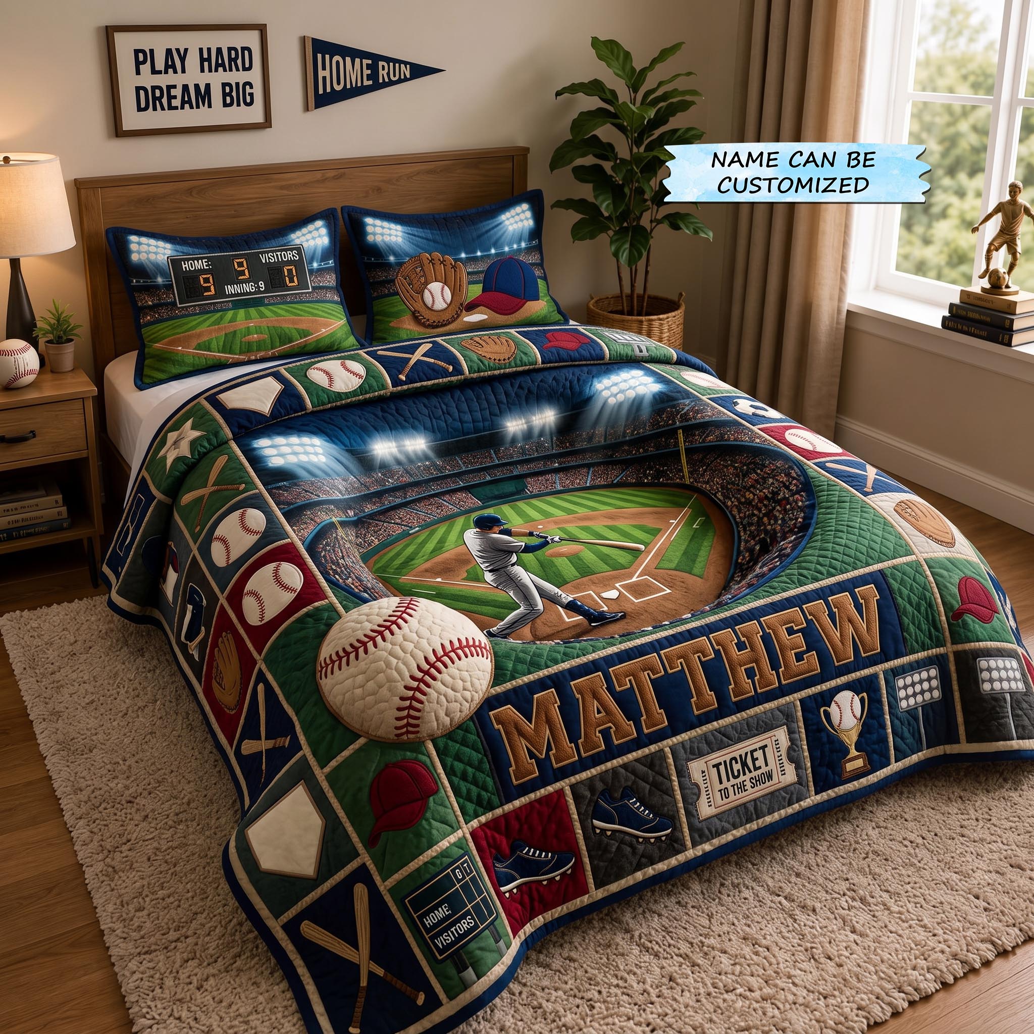 Personalized Baseball Grand Slam 3-Piece Quilted Bedding Set QTCUZ GFTOMA12955