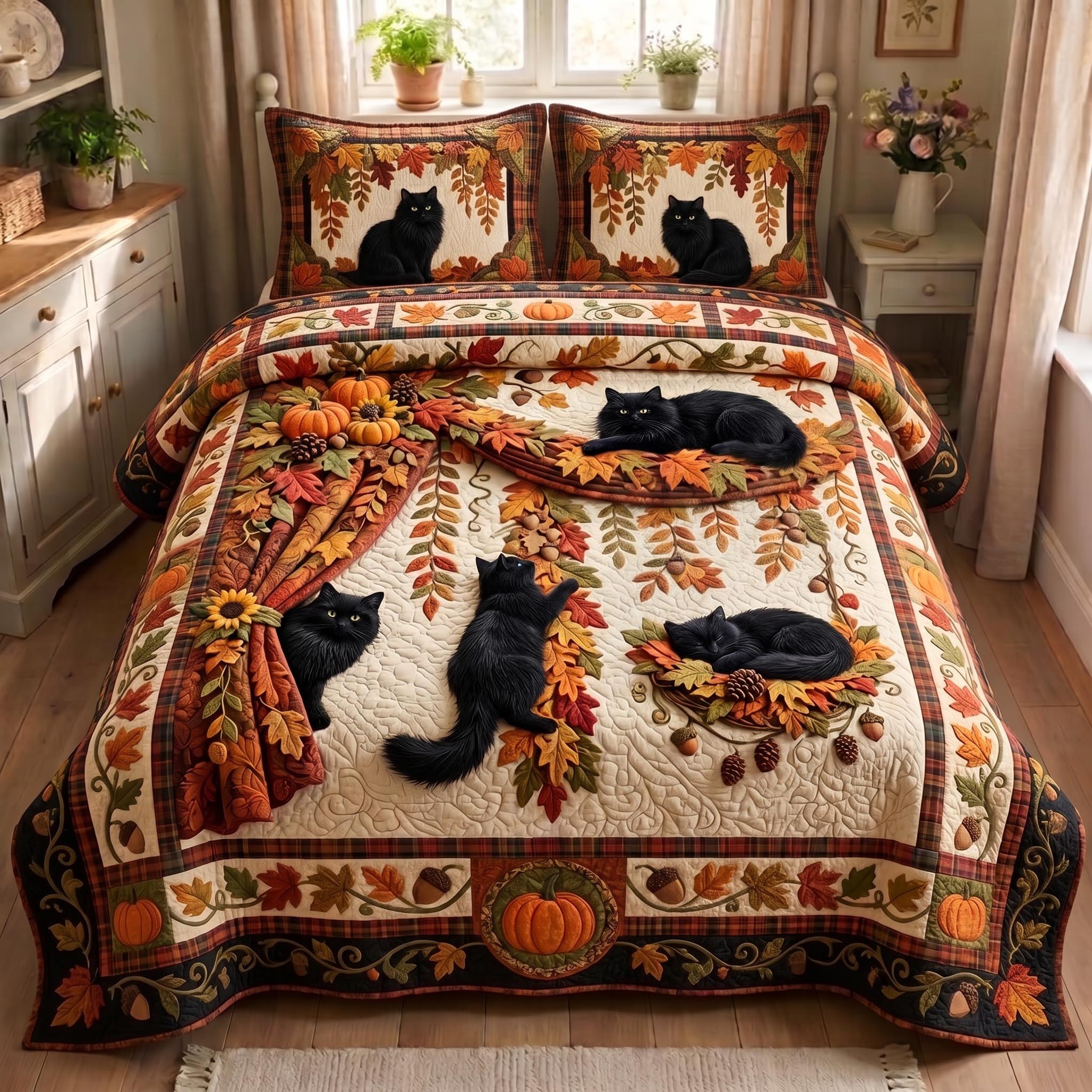 Autumn Cat 3-Piece Quilted Bedding Set GFTOMA13040