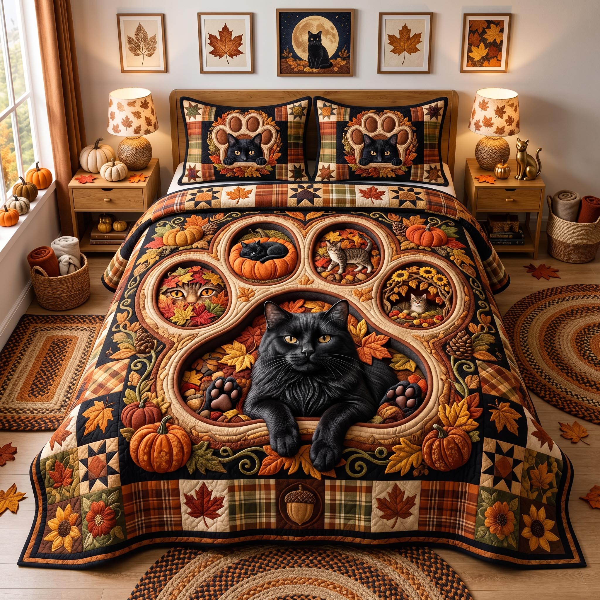 Autumn Cat 3-Piece Quilted Bedding Set GFTOMA13045