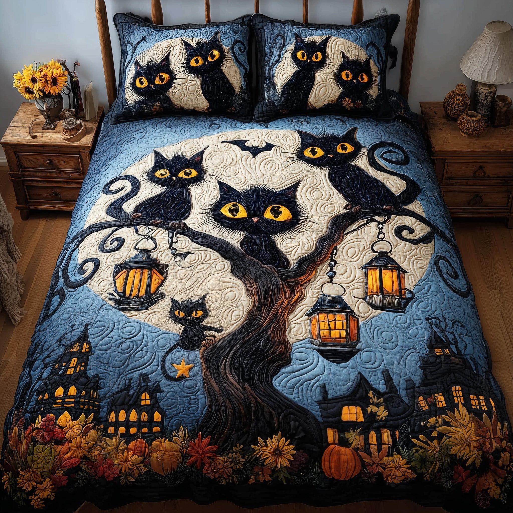 Midnight Cat 3-Piece Quilted Bedding Set GFTOMA4079
