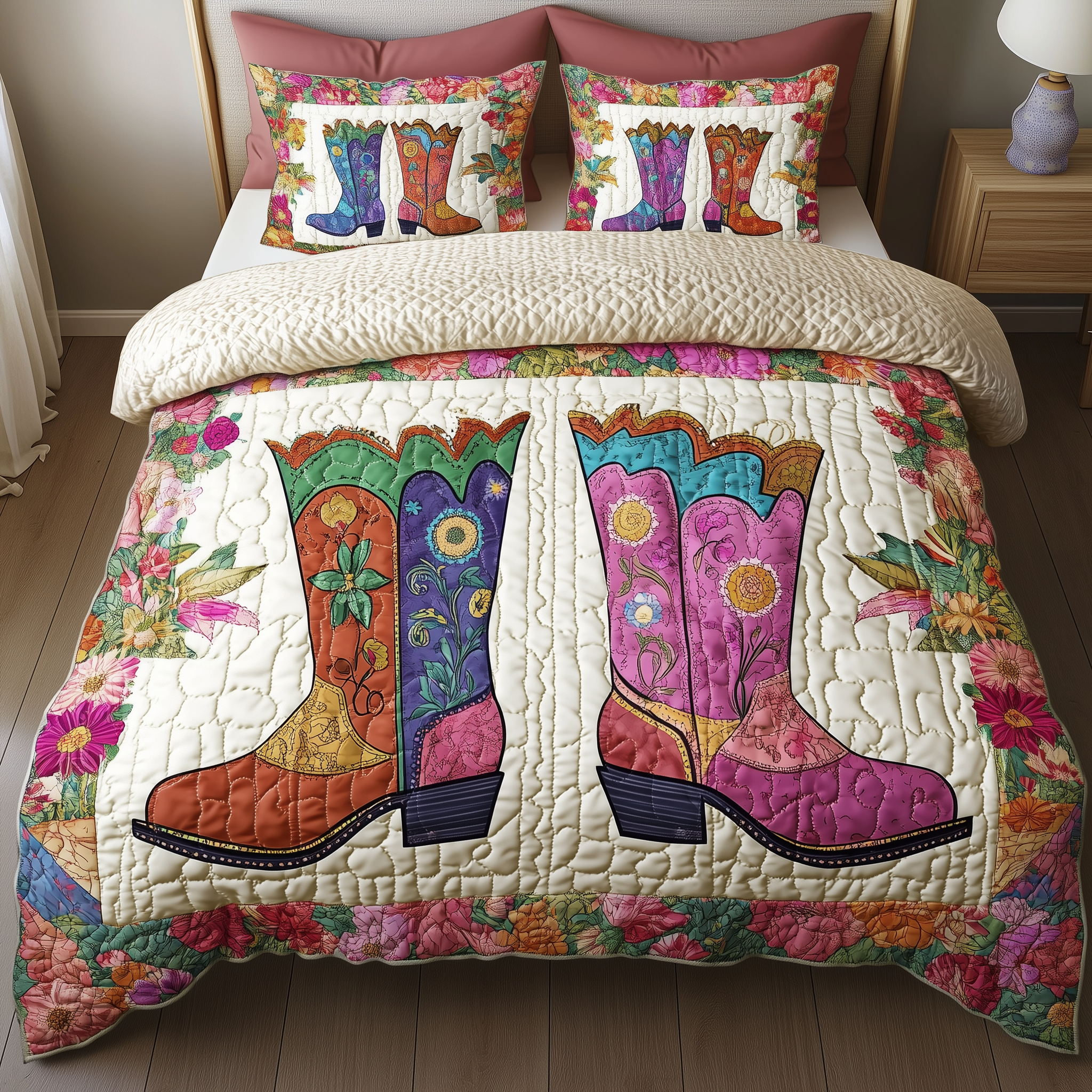 Elegant Cowboy Boot 3-Piece Quilted Bedding Set GFTONL1175