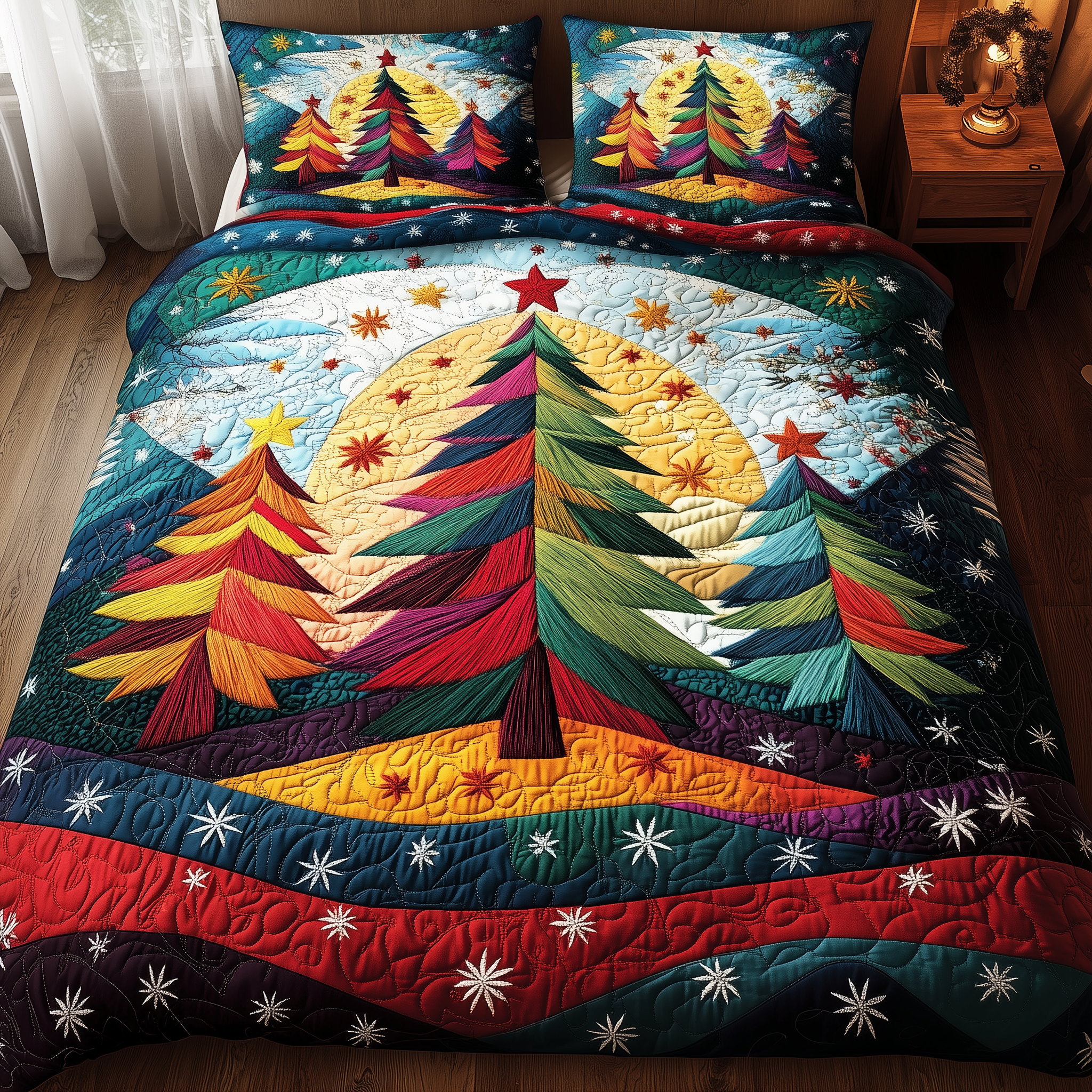 Colorful Christmas Tree 3-Piece Quilted Bedding Set GFTONL1212