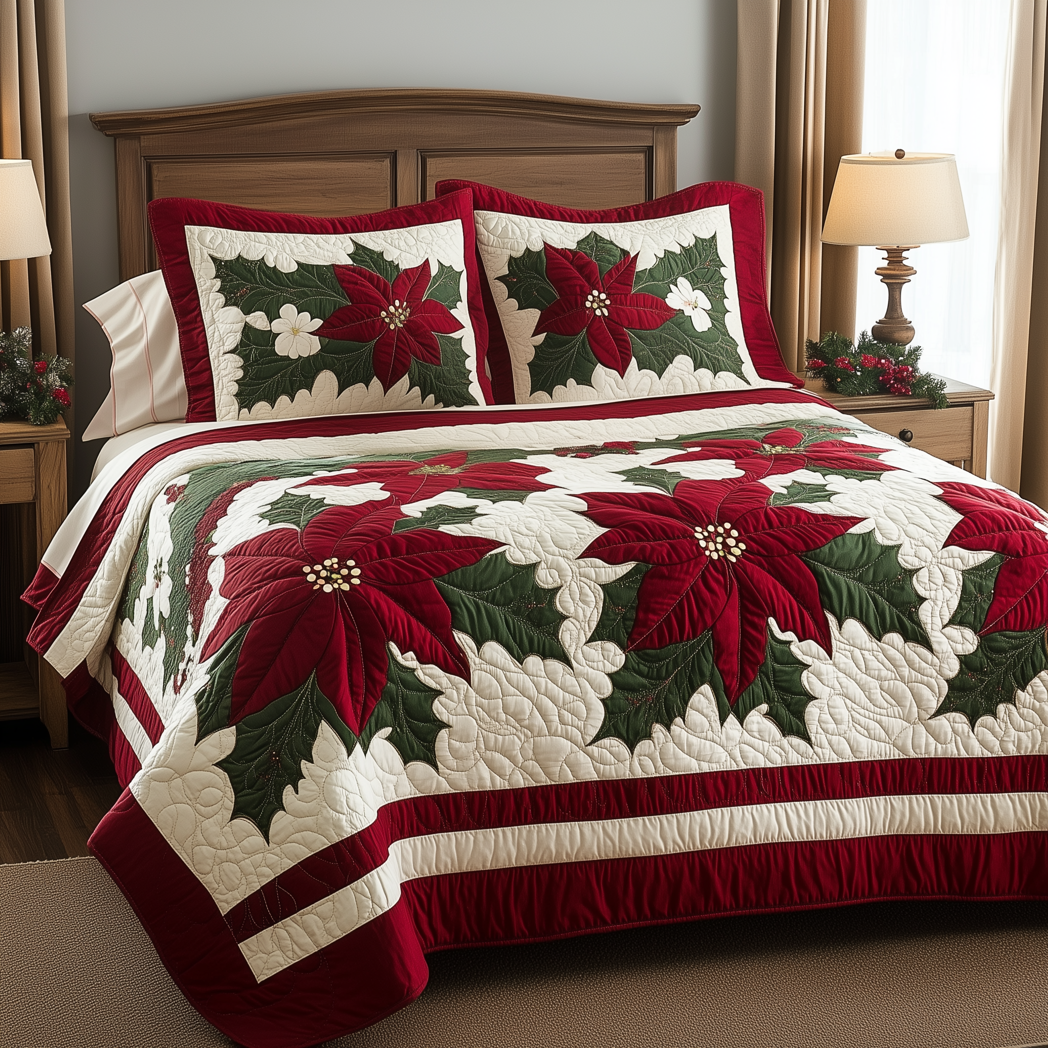Festive Poinsettia 3-Piece Quilted Bedding Set GFTONL1414