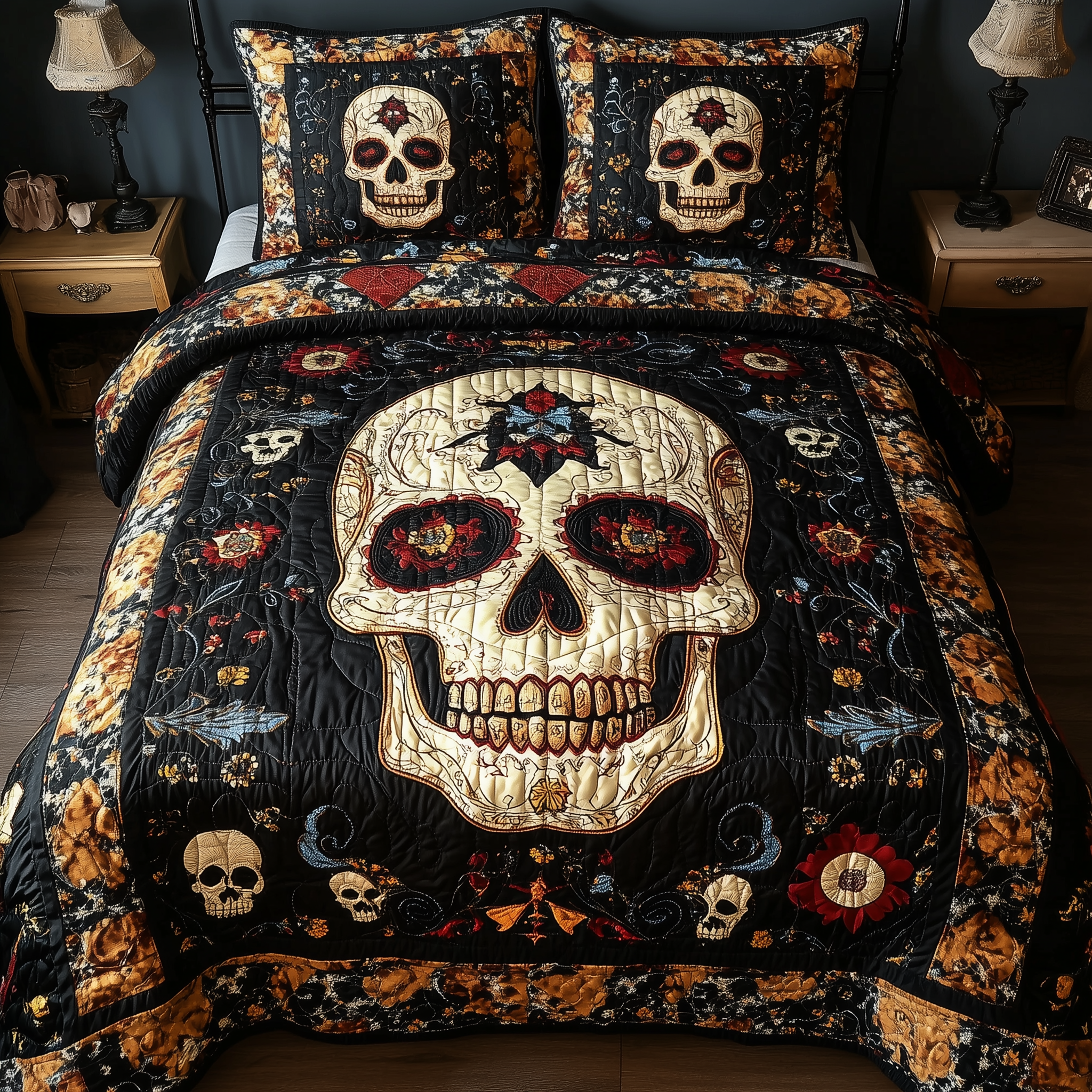 Vintage Bold Skull 3-Piece Quilted Bedding Set GFTONL1614