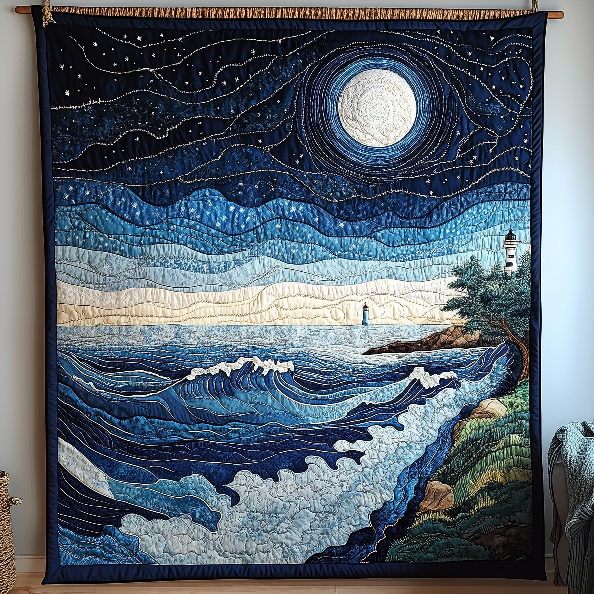 Blue Sea In Moonlight Quilted Blanket GFTONL1807