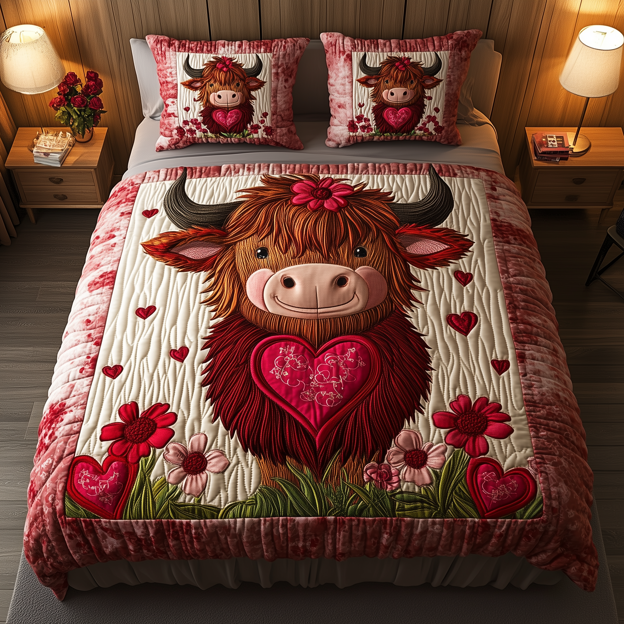 Pinky Highland Cow 3-Piece Quilted Bedding Set GFTONL1939