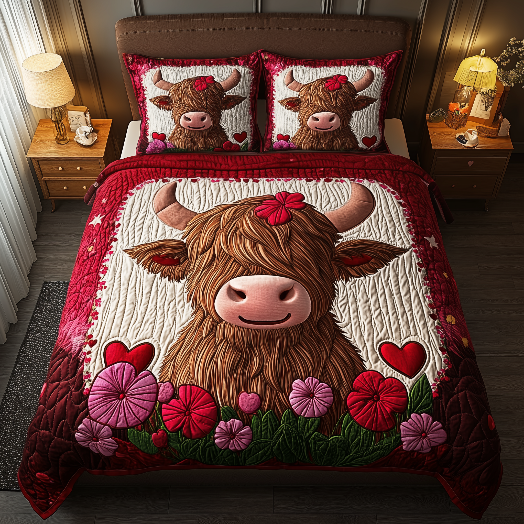 Pinky Highland Cow 3-Piece Quilted Bedding Set GFTONL1940