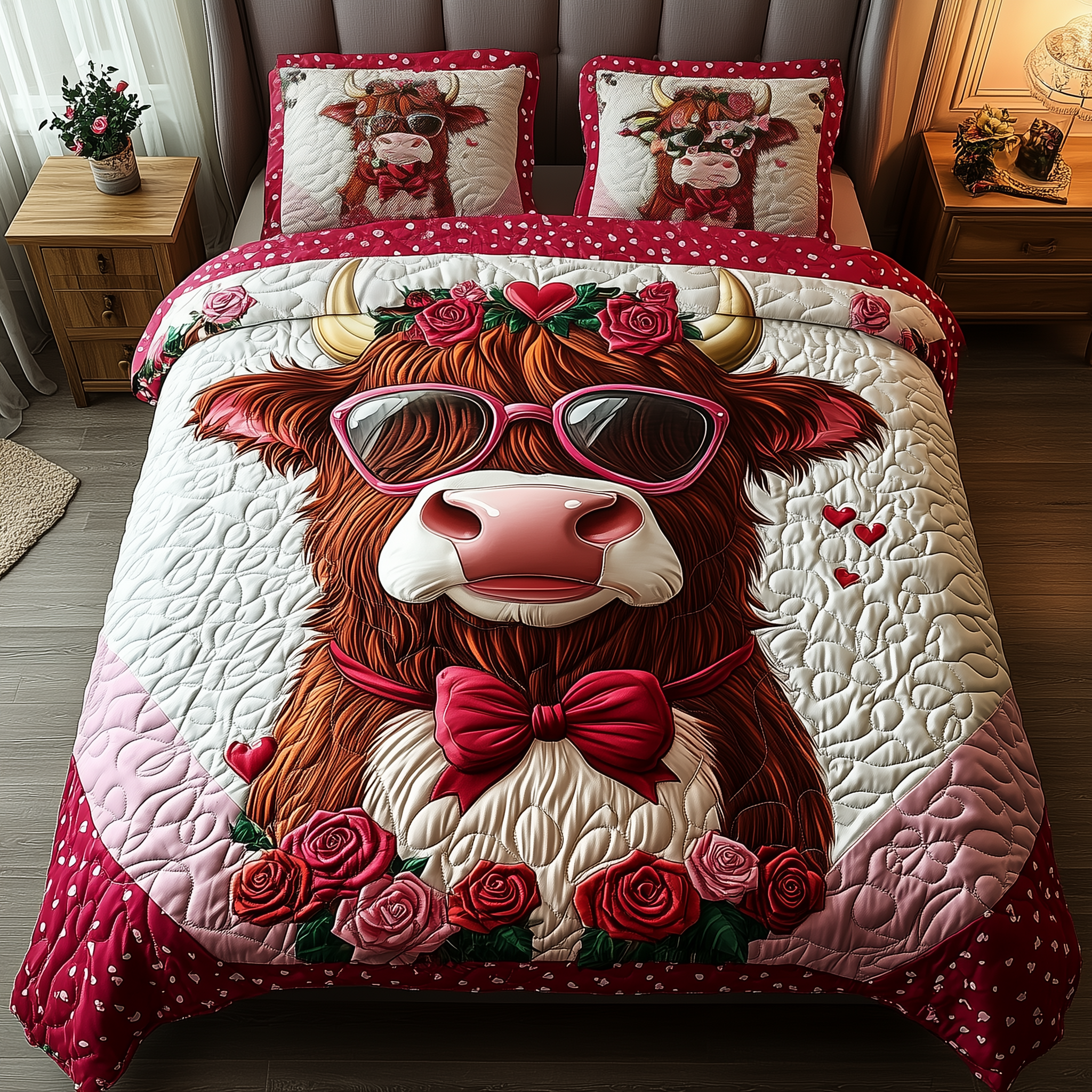 Pinky Highland Cow 3-Piece Quilted Bedding Set GFTONL1948