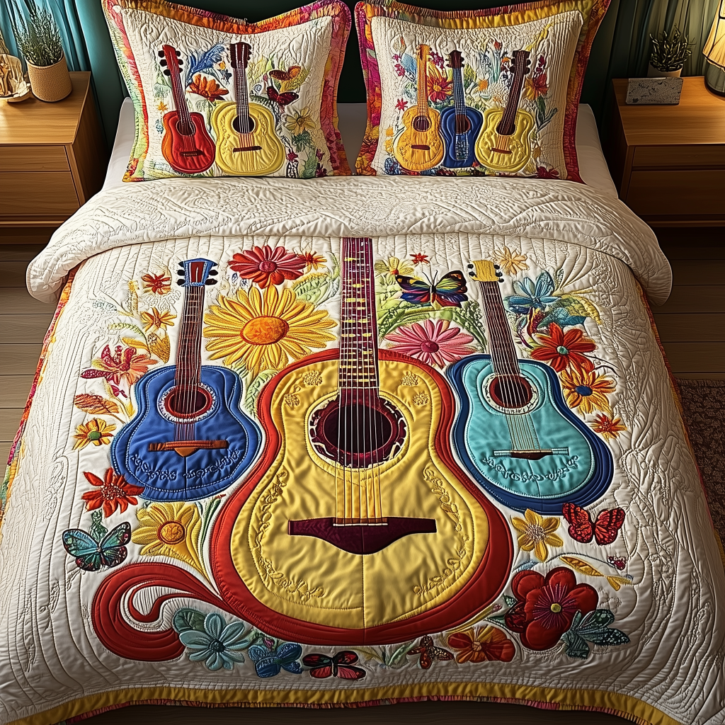 Melody Of Colors Guitar 3-Piece Quilted Bedding Set GFTONL2675