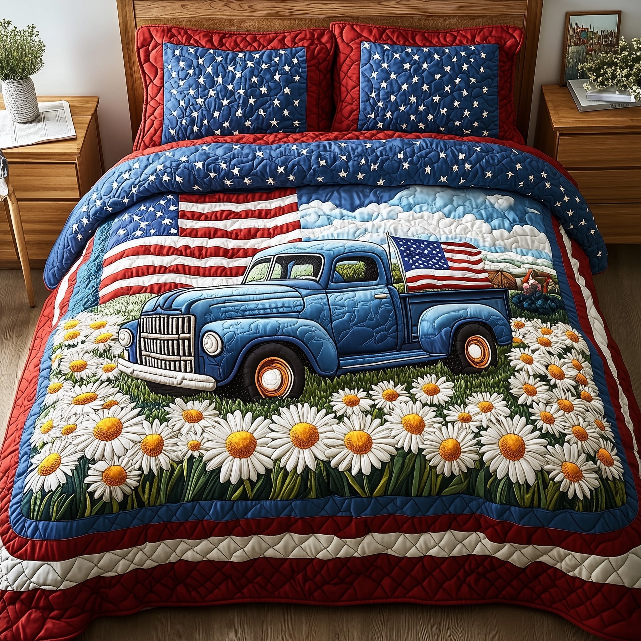 Patriotic America Truck 3-Piece Quilted Bedding Set GFTONL2789