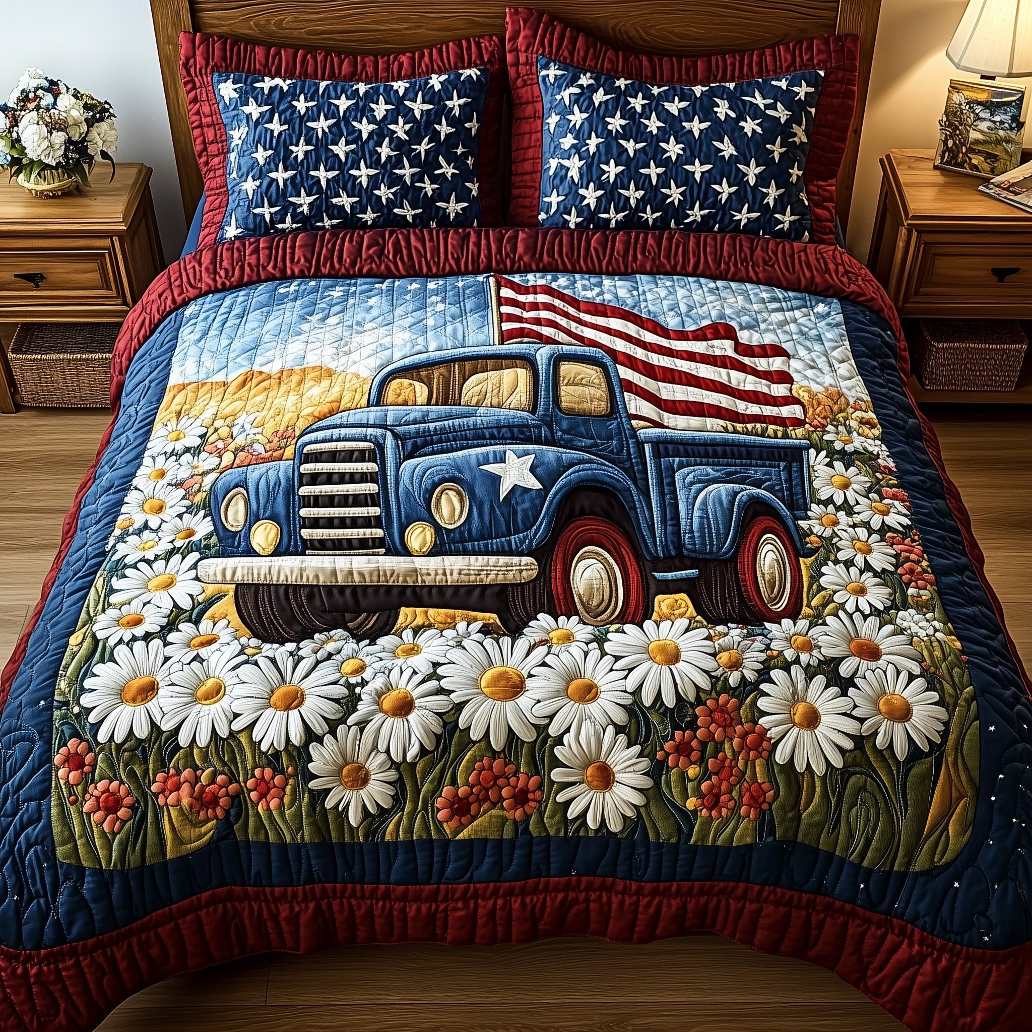 Patriotic America Truck 3-Piece Quilted Bedding Set GFTONL2793