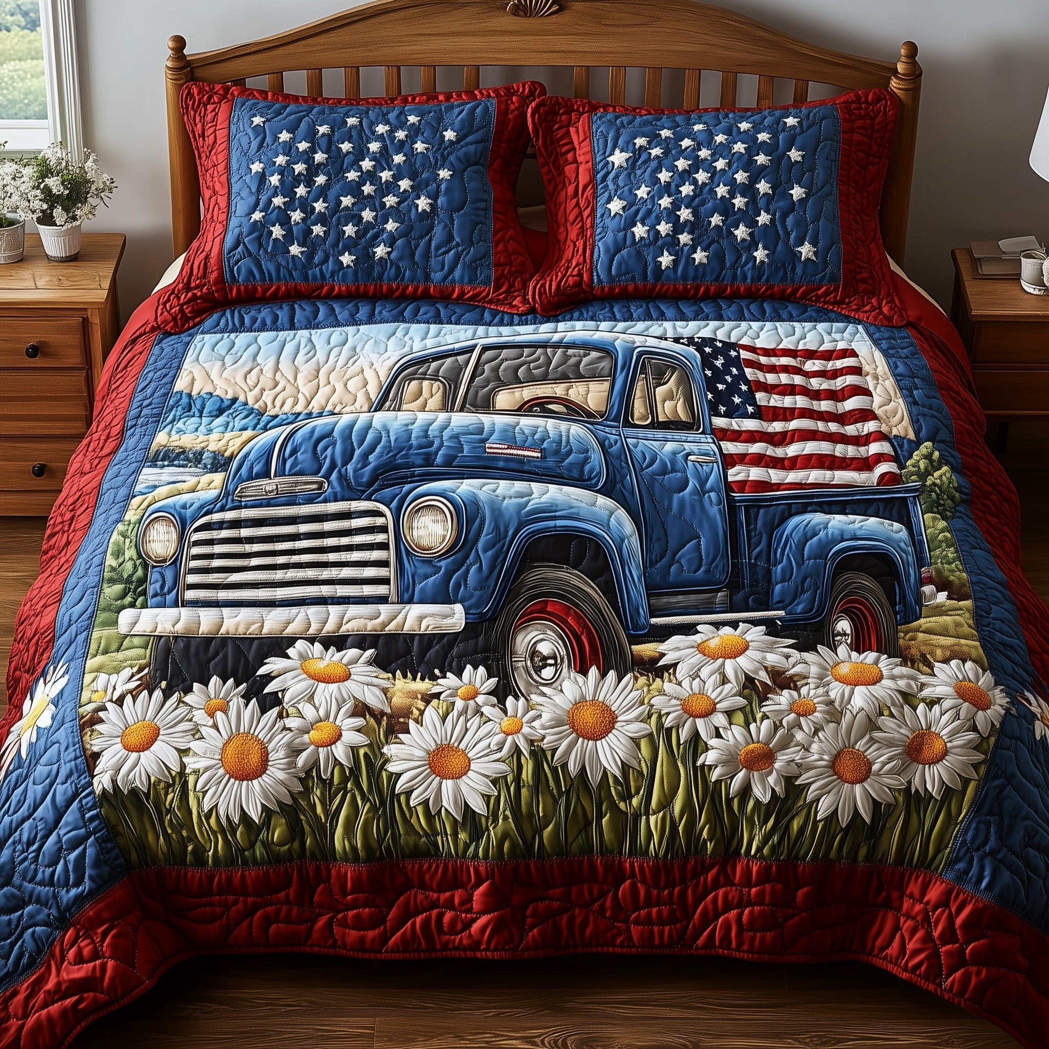 Patriotic America Truck 3-Piece Quilted Bedding Set GFTONL2796
