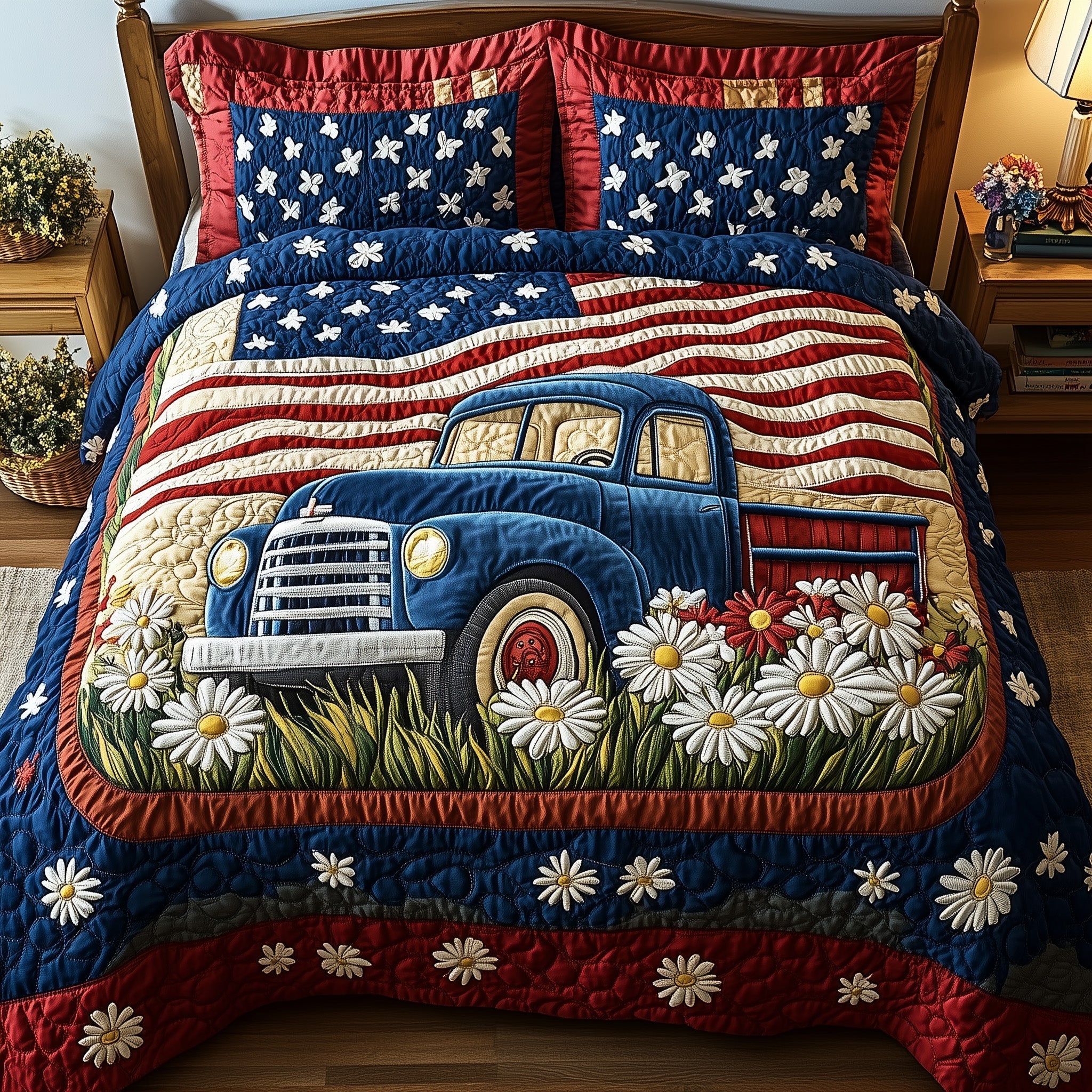 Patriotic America Truck 3-Piece Quilted Bedding Set GFTONL2799