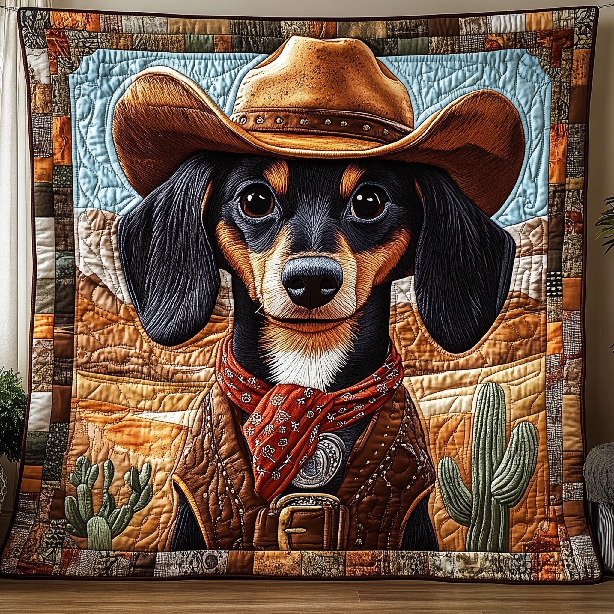 Cowboy Dachshund Quilted Blanket GFTONL3275
