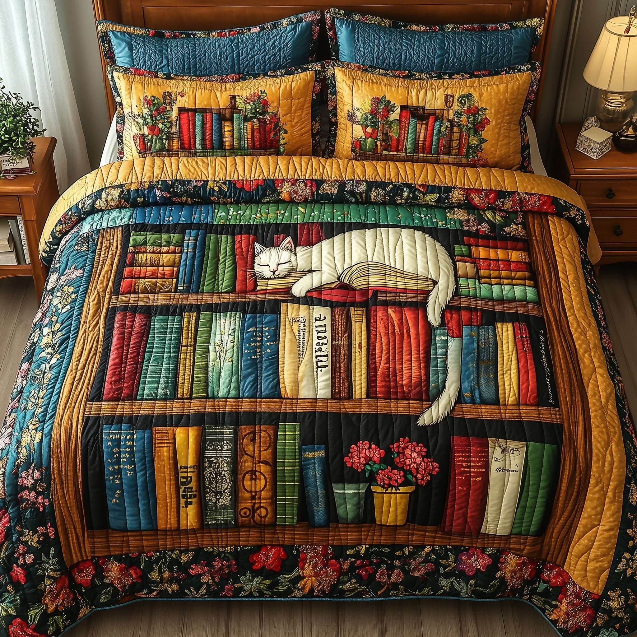 Vintage Cat Bookshelf 3-Piece Quilted Bedding Set GFTONL3654