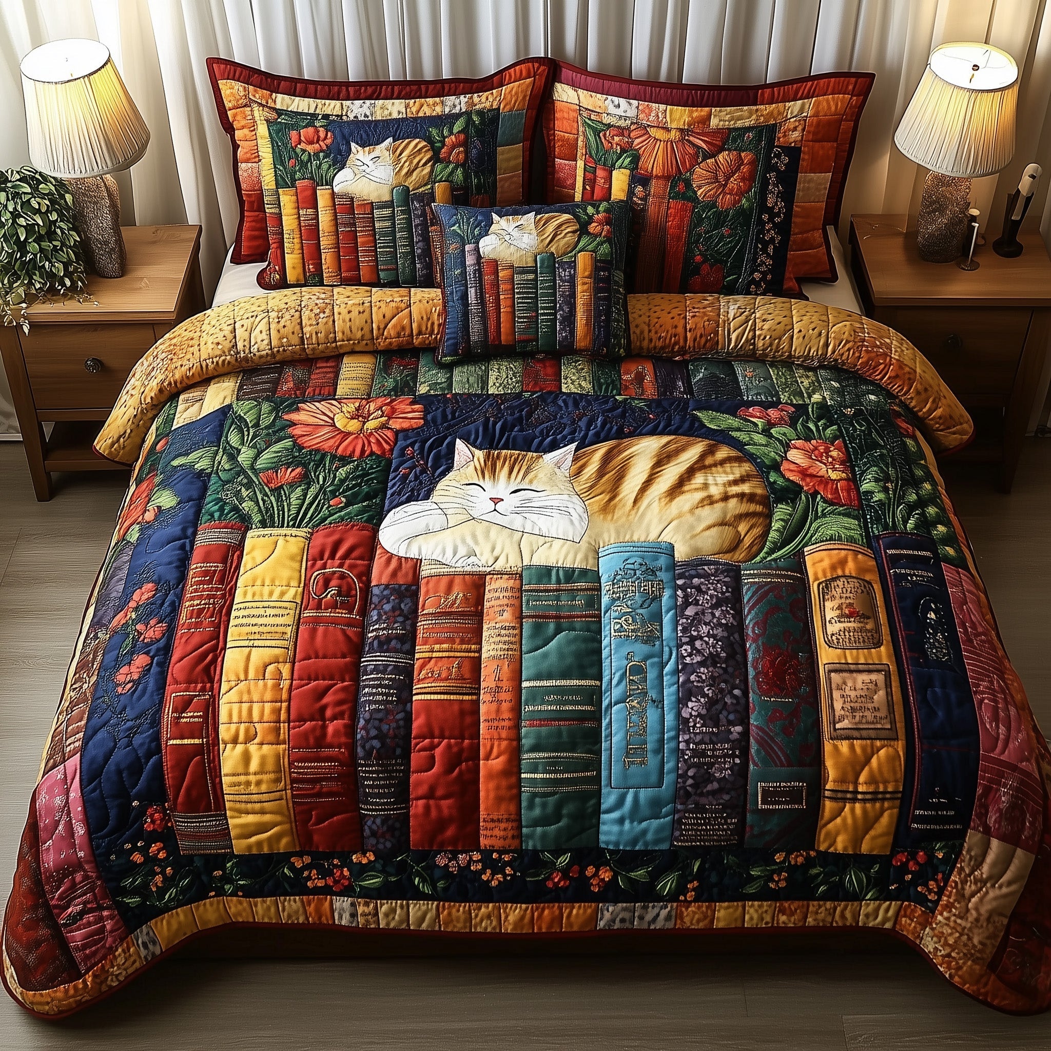 Vintage Cat Bookshelf 3-Piece Quilted Bedding Set GFTONL3655