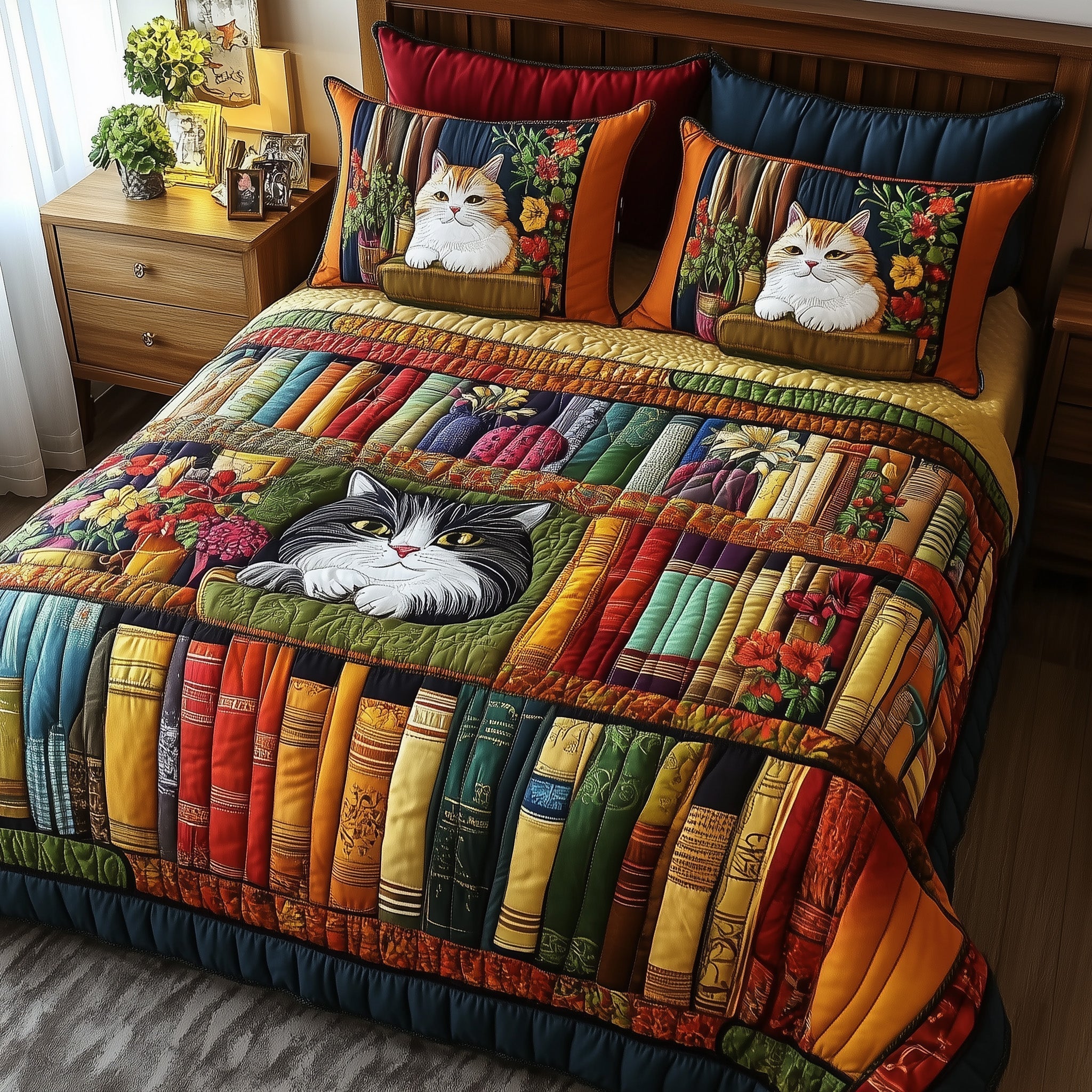 Vintage Cat Bookshelf 3-Piece Quilted Bedding Set GFTONL3656