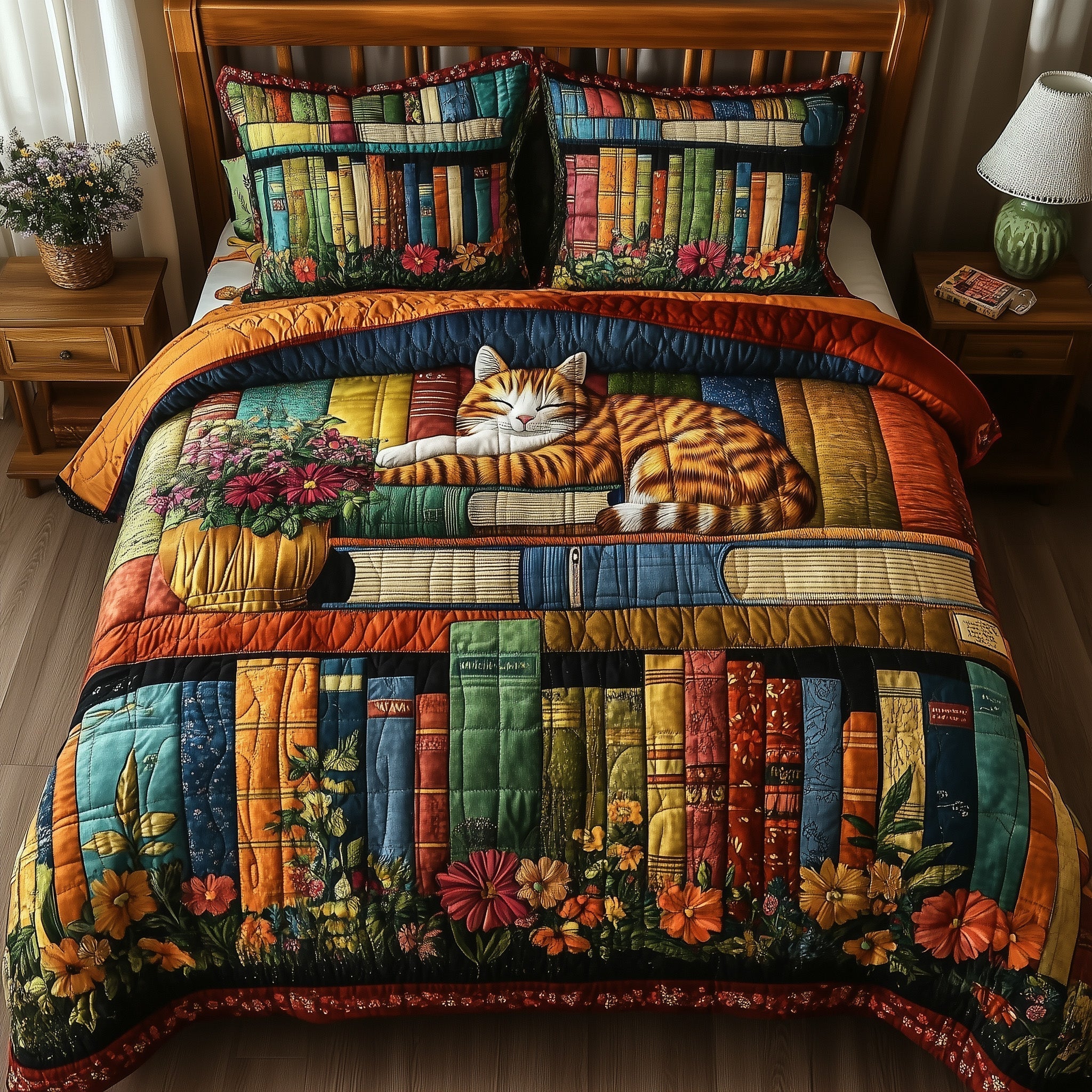 Vintage Cat Bookshelf 3-Piece Quilted Bedding Set GFTONL3659