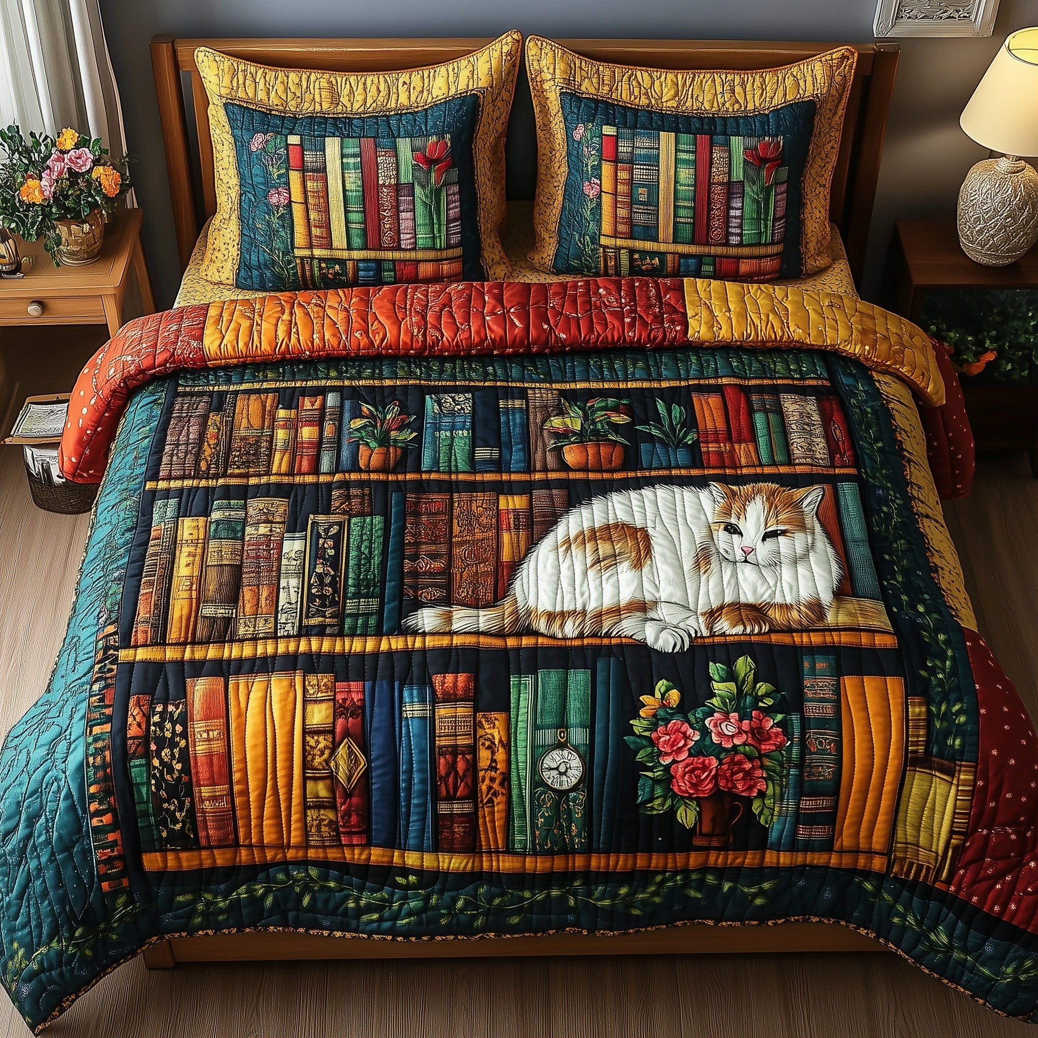 Vintage Cat Bookshelf 3-Piece Quilted Bedding Set GFTONL3667