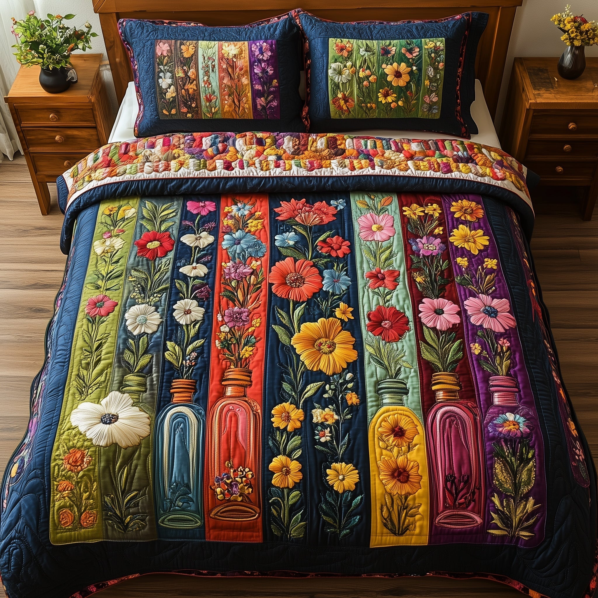 Vintage Floral Bottle  3-Piece Quilted Bedding Set GFTONL3681