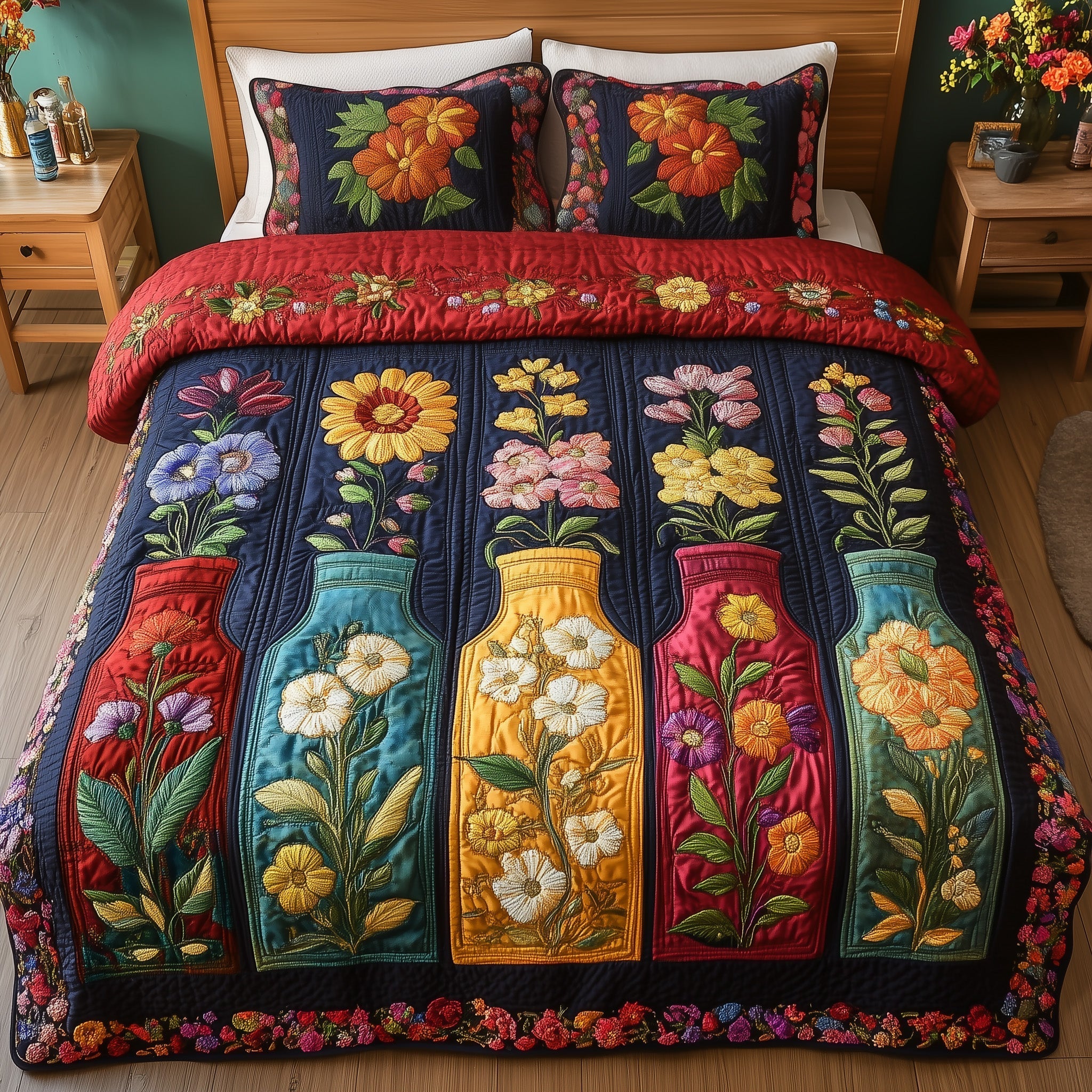 Vintage Floral Bottle  3-Piece Quilted Bedding Set GFTONL3682