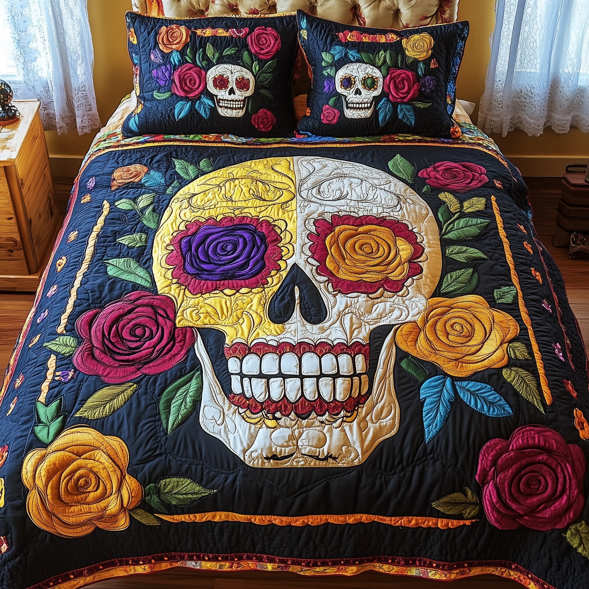 Floral Skull 3-Piece Quilted Bedding Set GFTONL3704