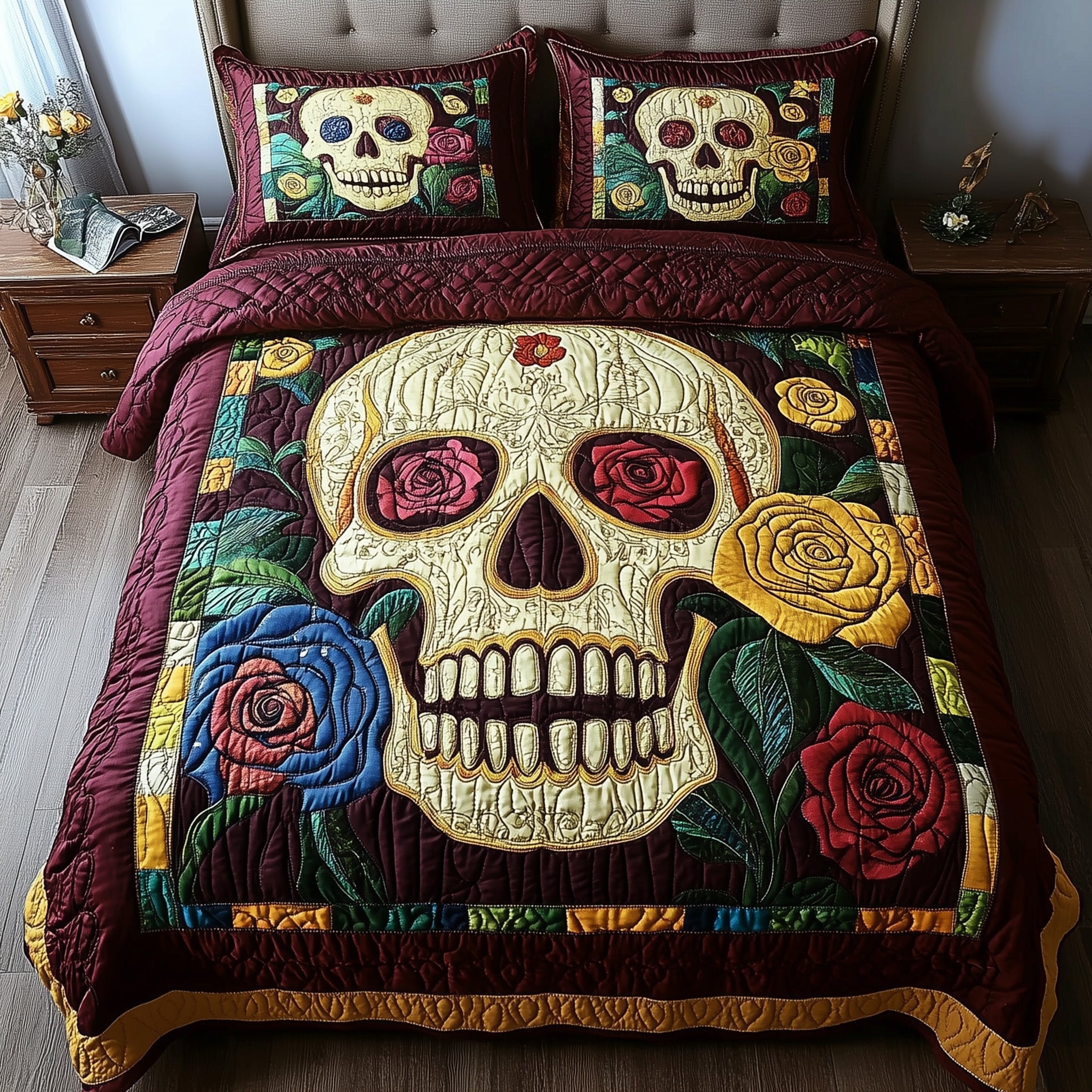 Floral Skull 3-Piece Quilted Bedding Set GFTONL3705
