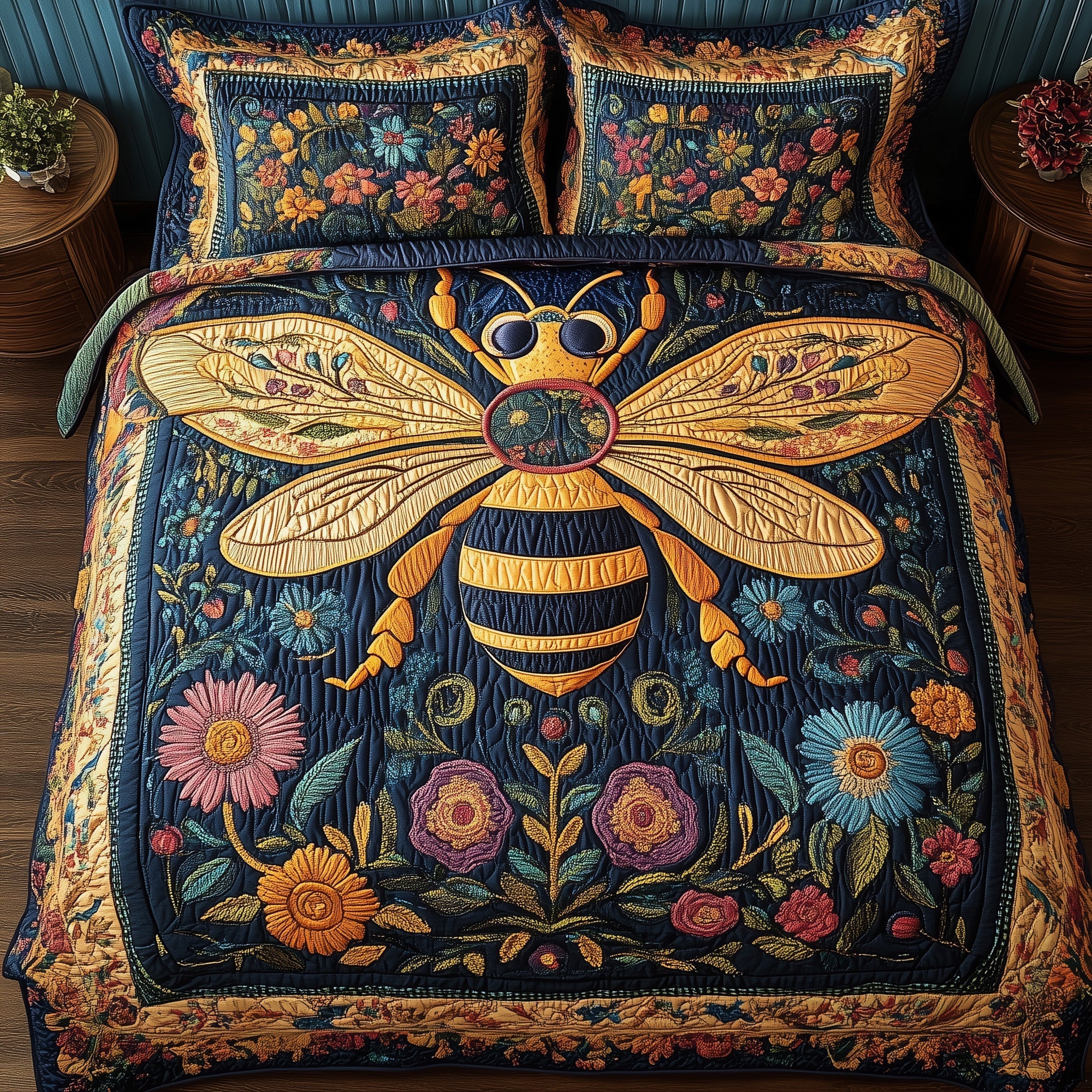 Floral Bee 3-Piece Quilted Bedding Set GFTONL3727