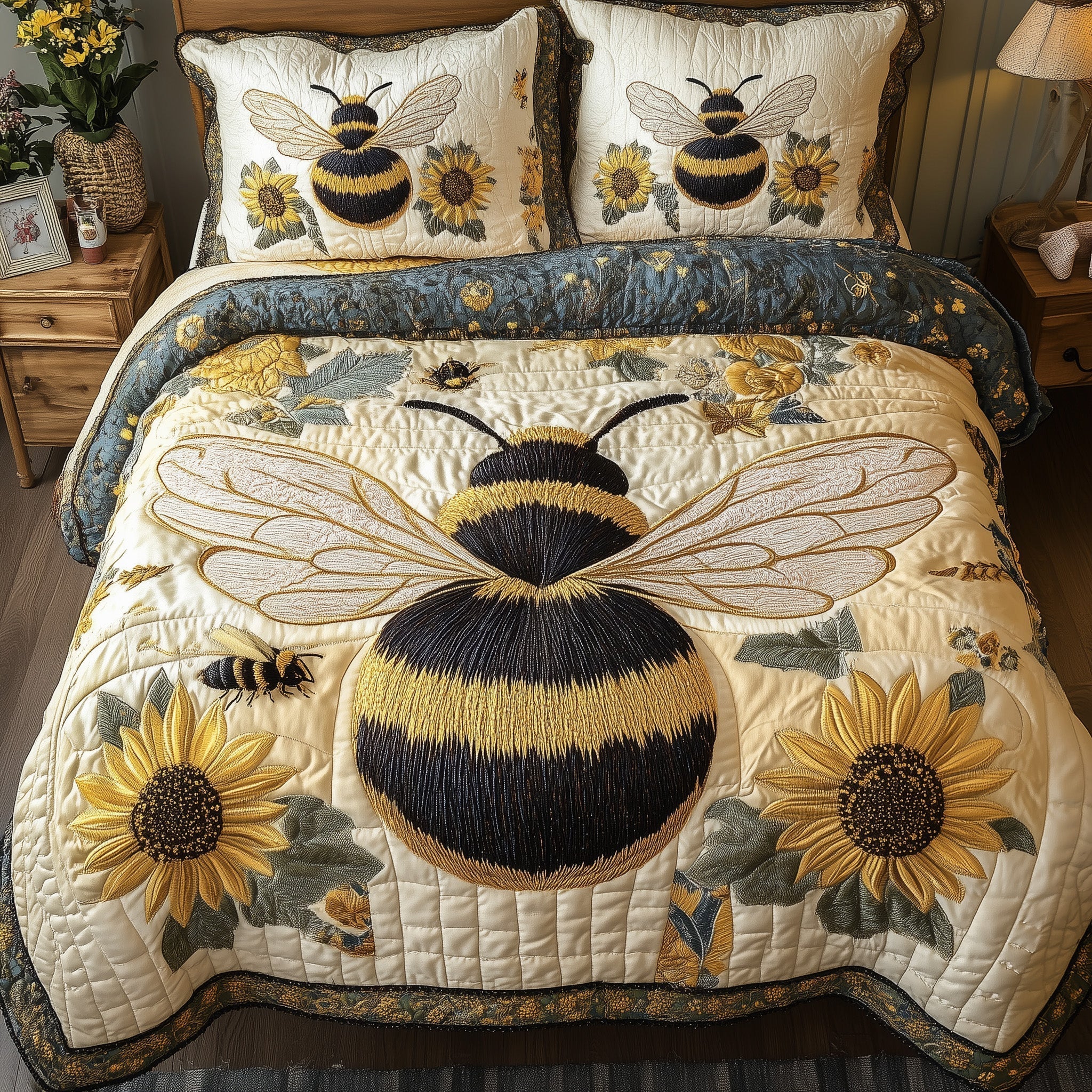 Sunflower Bee 3-Piece Quilted Bedding Set GFTONL3728