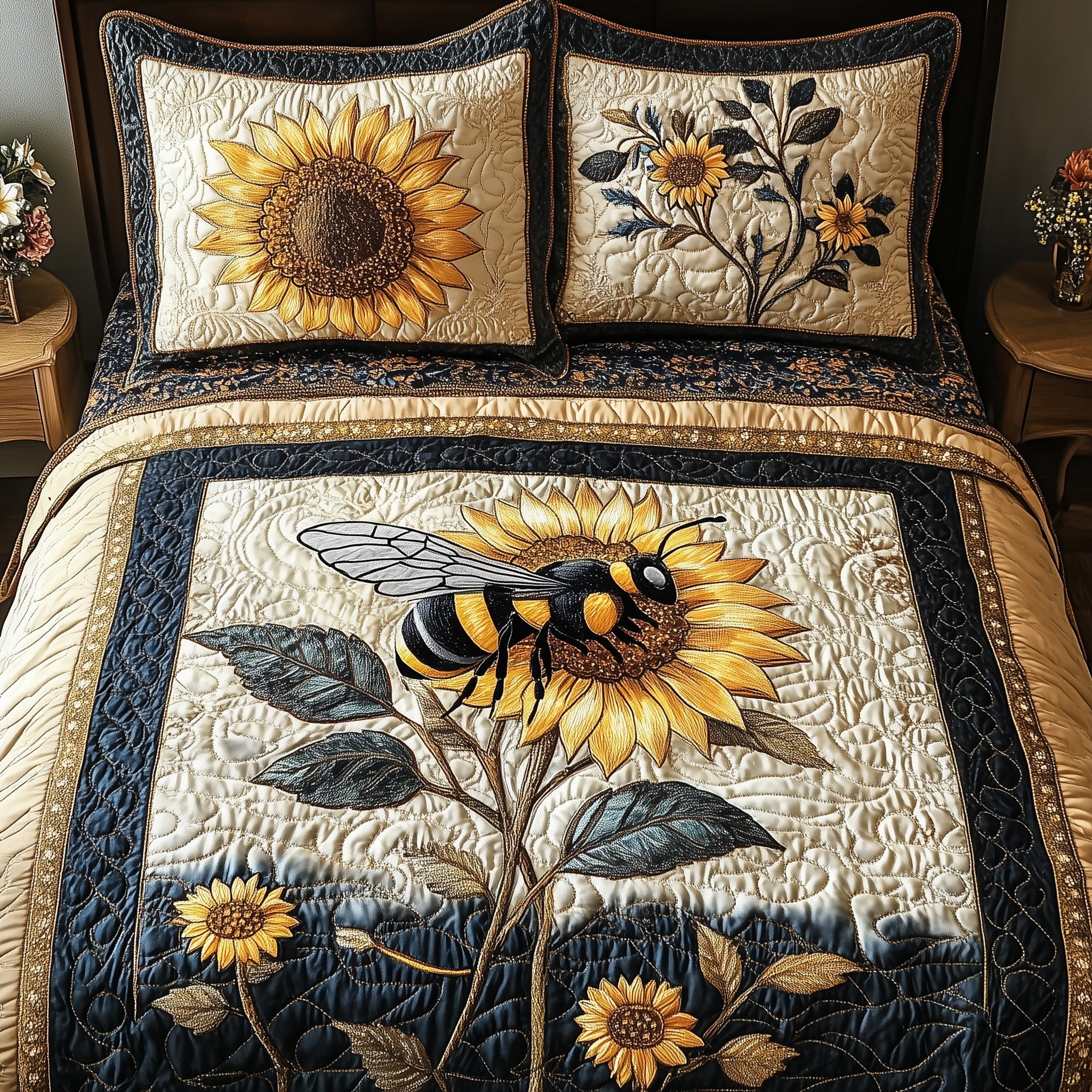 Sunflower Bee 3-Piece Quilted Bedding Set GFTONL3730
